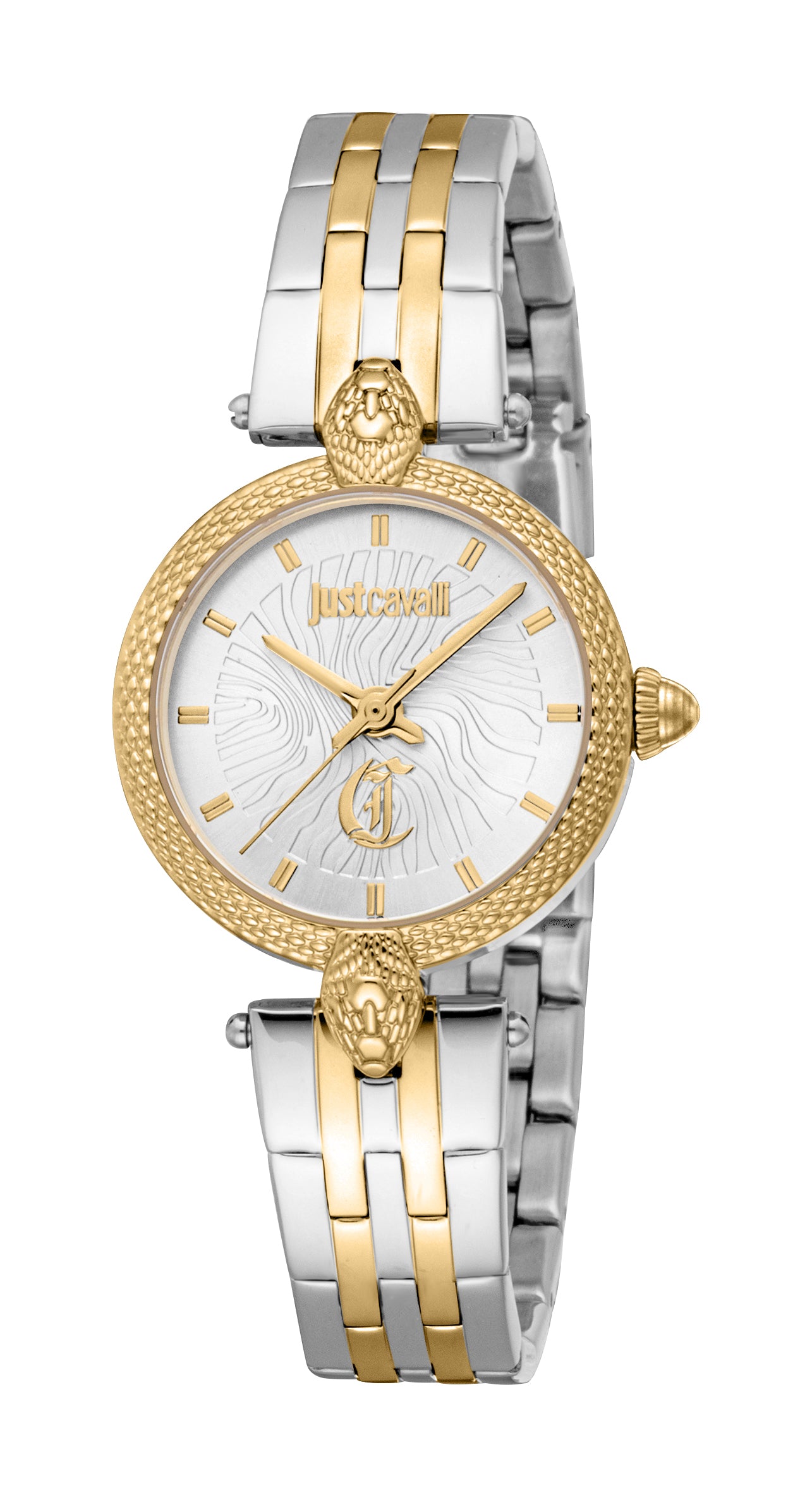 Just Cavalli women's watch with a round gold-toned case, silver-toned dial, and two-tone silver and gold-toned link bracelet.