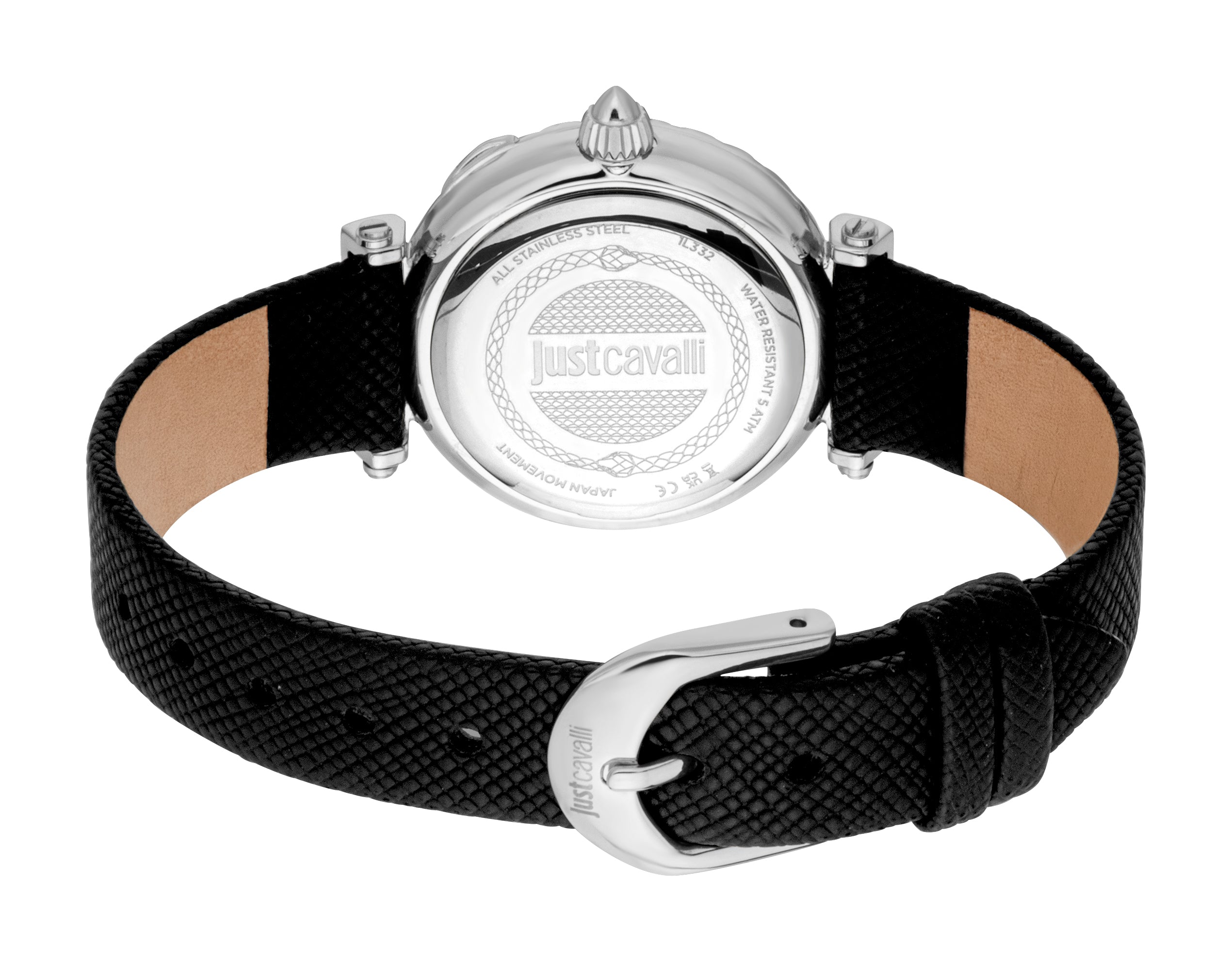 Back view of a silver-toned watch with a black textured leather strap and a silver-toned buckle.