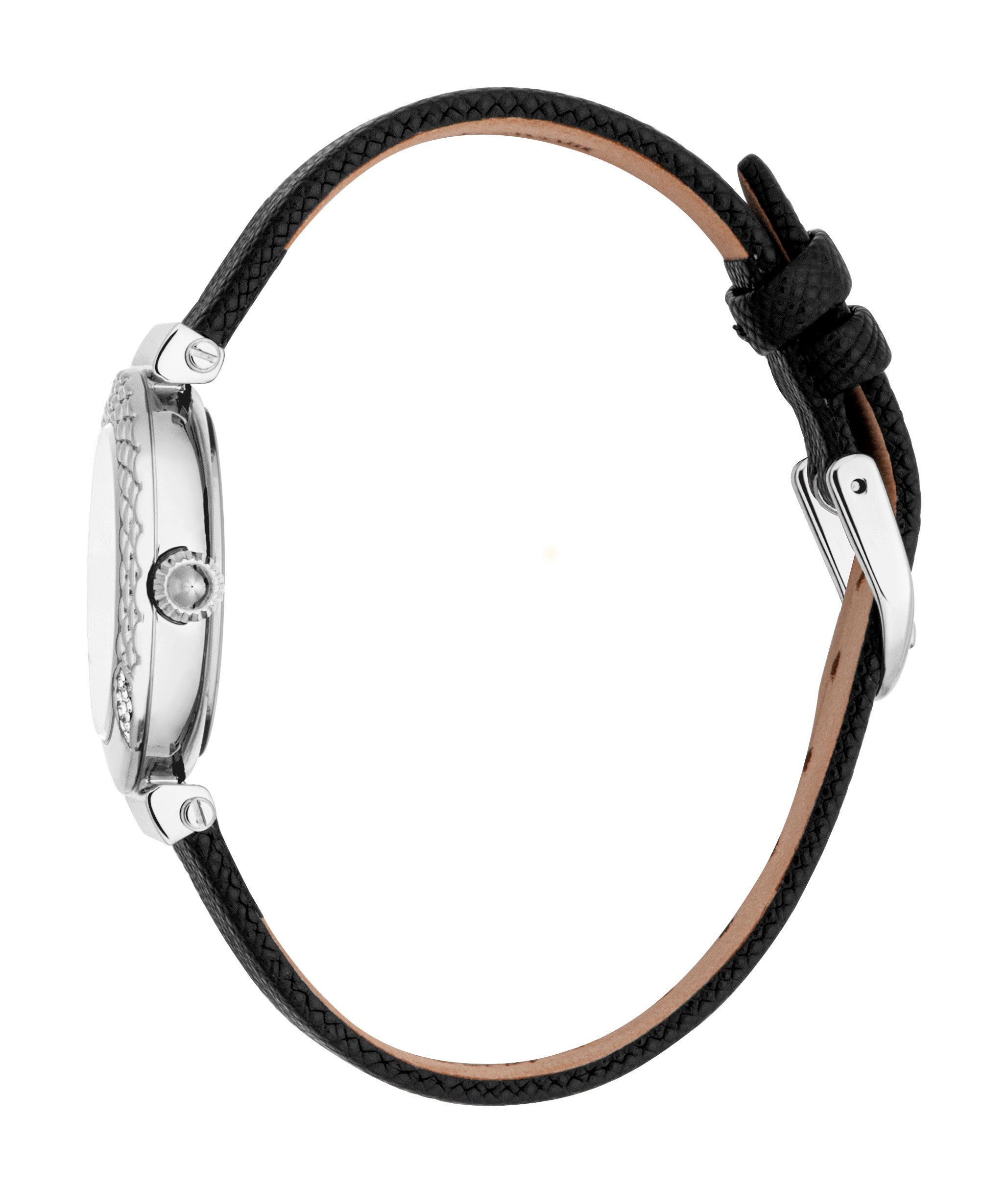 Silver-toned watch with a textured bezel, silver-toned dial, and a black textured leather strap with a silver-toned buckle.