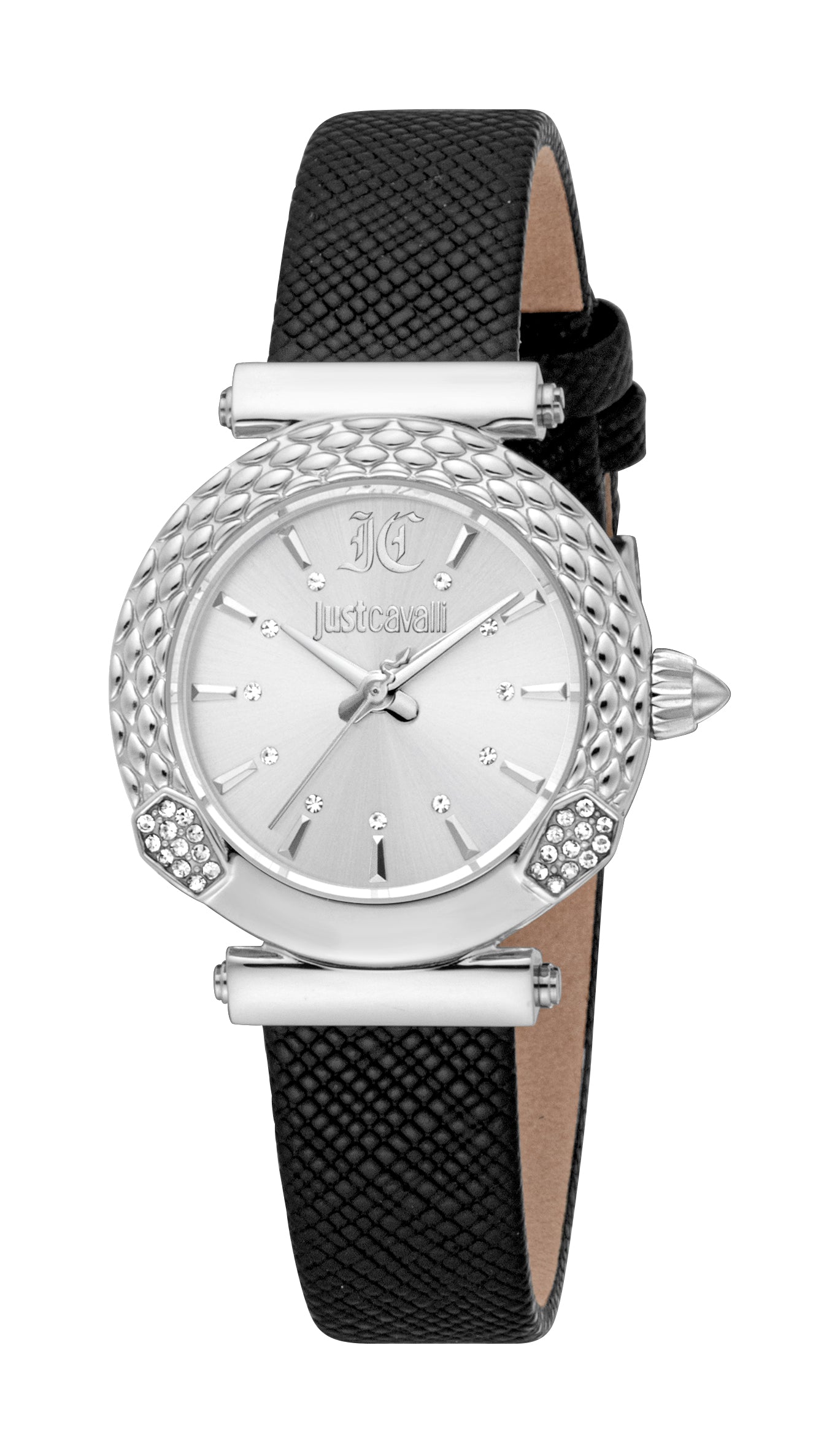 Just Cavalli women's watch with a silver-toned case, textured bezel, silver dial with crystal markers, and a black leather st