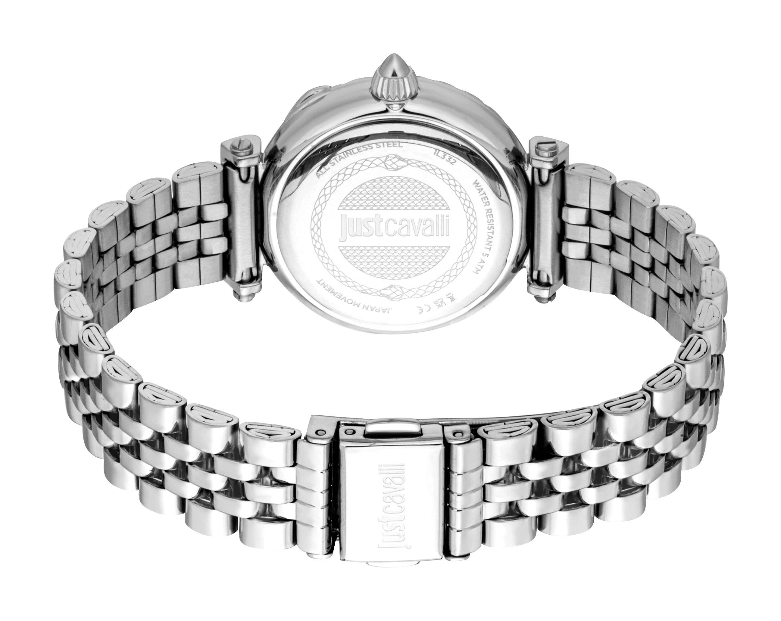 Silver-toned women's watch with a round case, engraved back, pointed crown, and a multi-link metal bracelet with an engraved