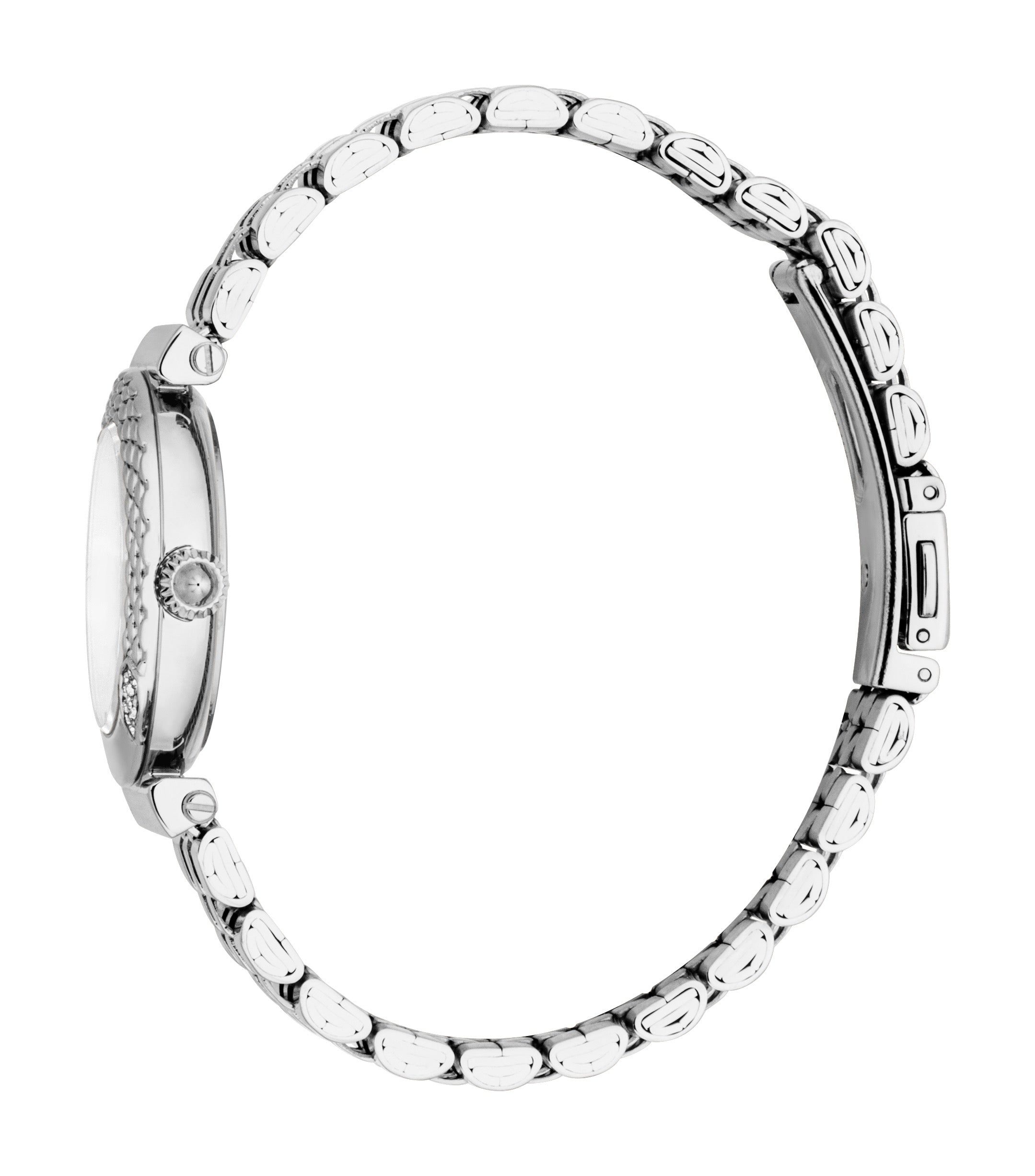 Silver-toned women's watch with a round case, chain-patterned bezel, textured crown, and a link bracelet with a fold-over cla