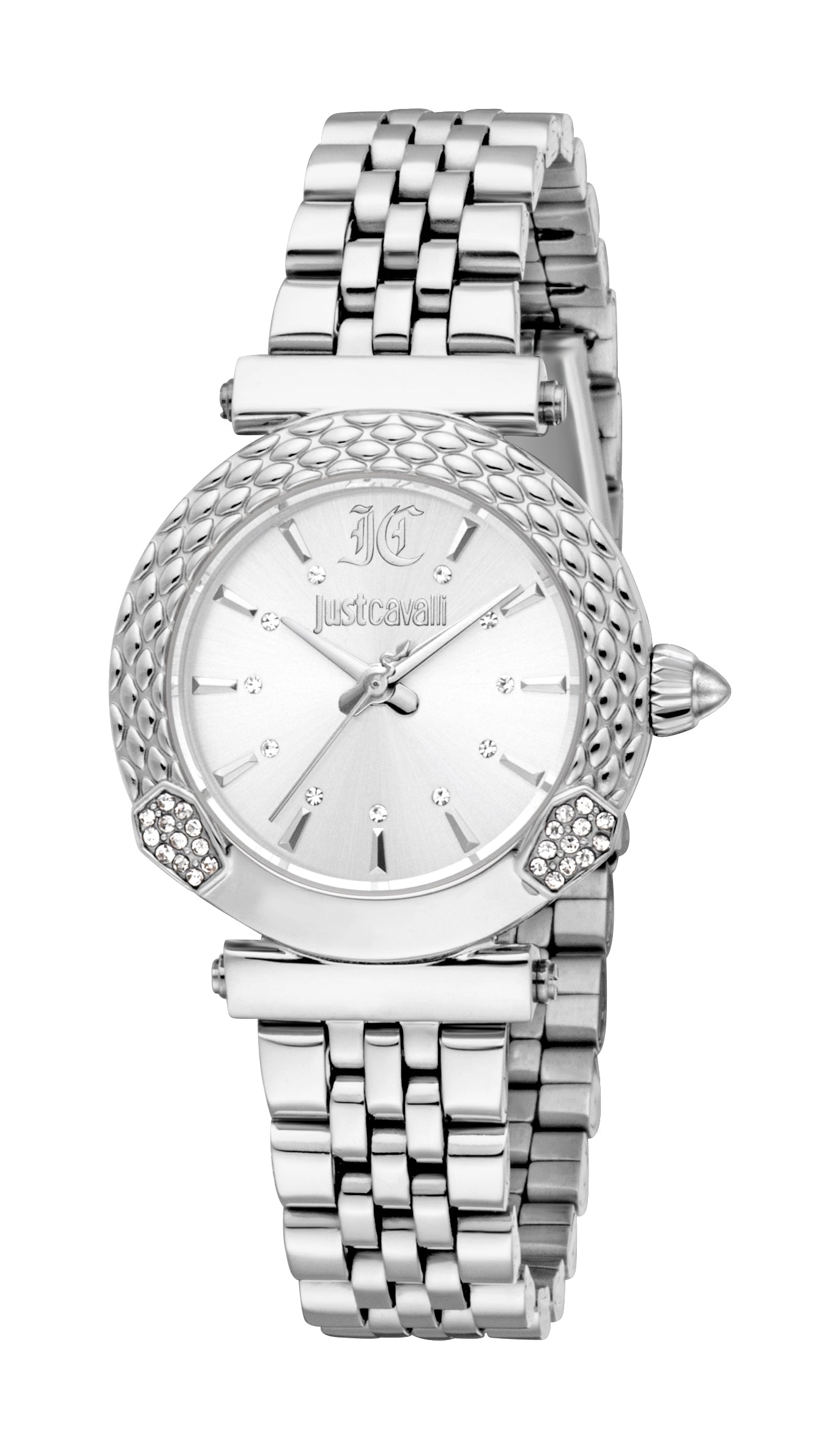 Silver-toned Just Cavalli women's watch with a round case, textured bezel, crystal-set lugs, and a multi-link bracelet.
