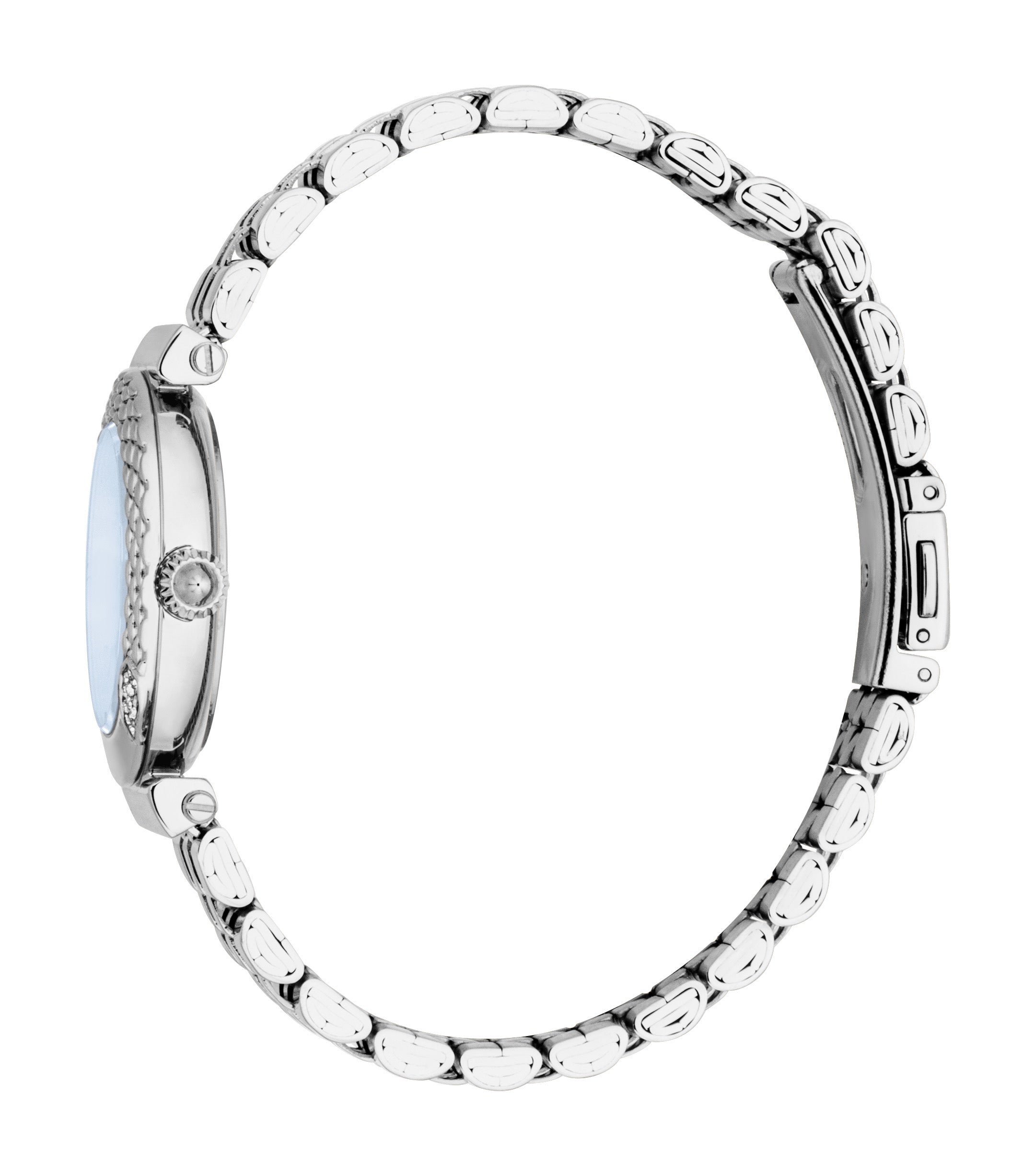 Silver-toned women's watch with a round case, textured bezel, pale blue dial, and a silver-toned link bracelet with a fold-ov