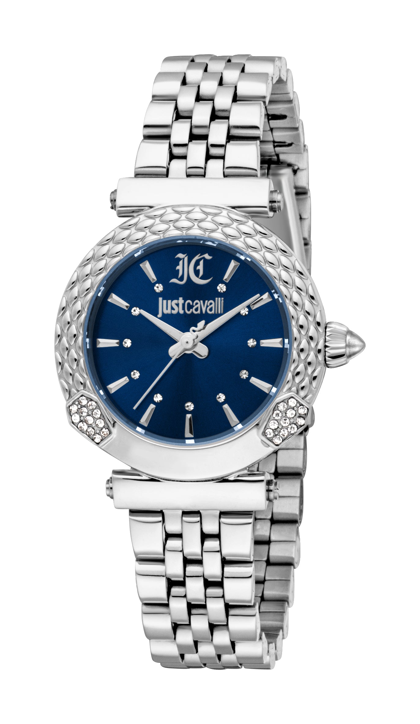 Silver-toned Just Cavalli women's watch featuring a round case, blue dial, textured bezel, and metal link bracelet.