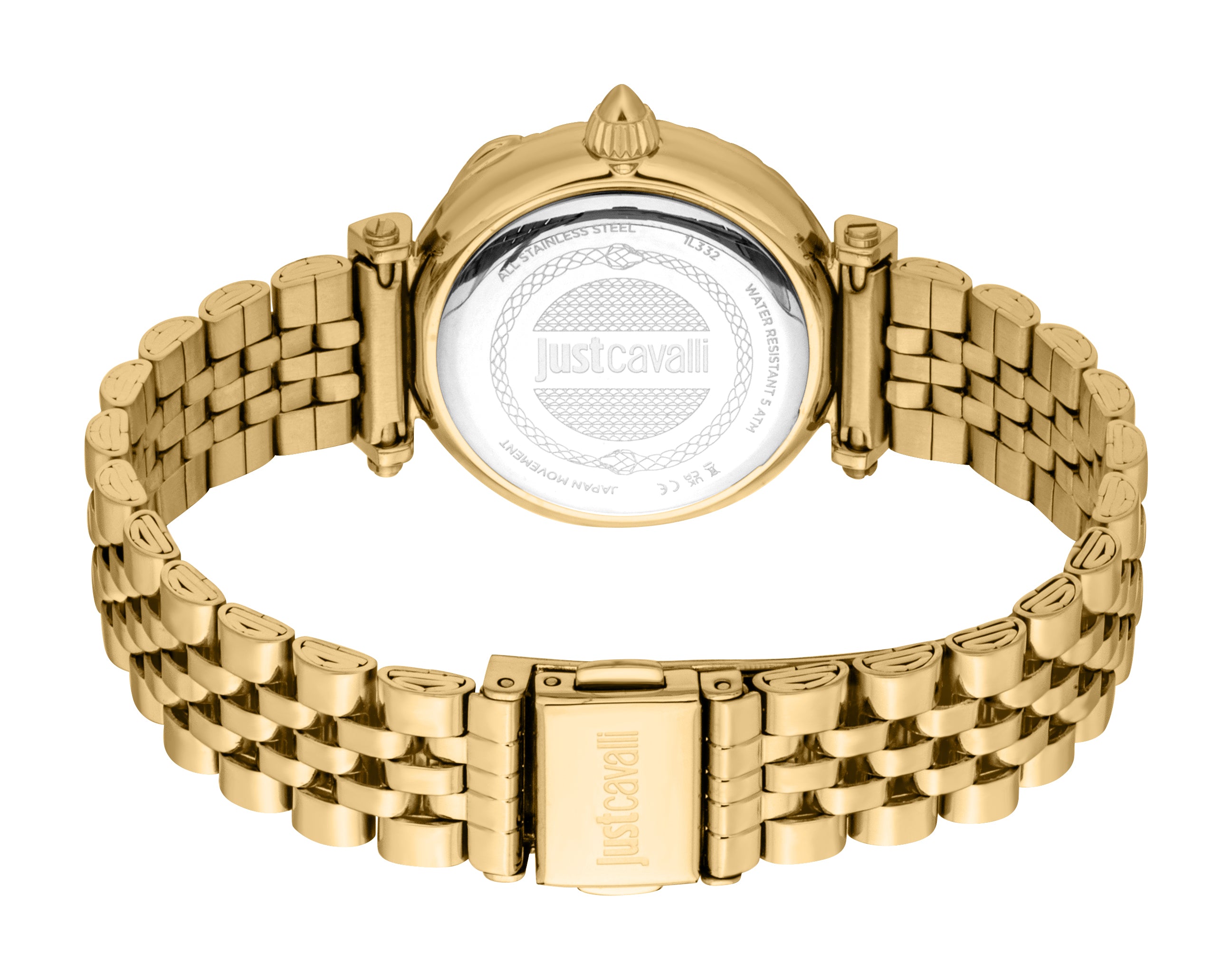 Gold-toned watch with a metal link bracelet and a visible case back featuring the Justcavalli logo. The clasp also has the lo