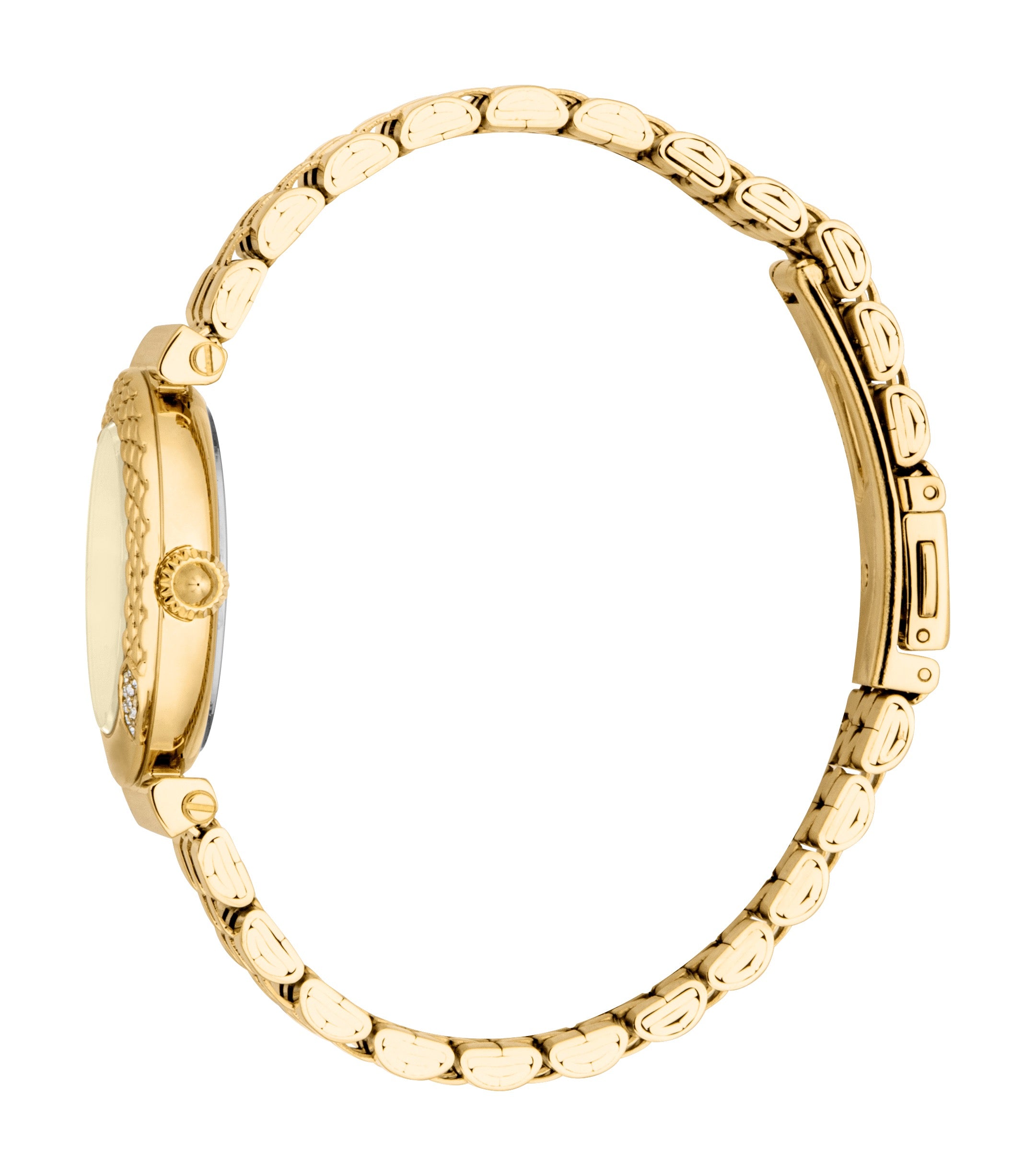 Gold-toned watch with a round champagne dial, braided case edge, and clear stones. Features a gold-toned link bracelet with u