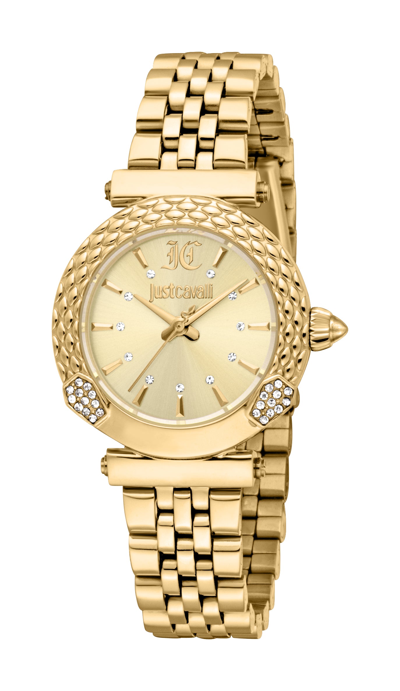 Gold-toned Just Cavalli women's watch with a round case, textured bezel, champagne dial, crystal accents, and a link bracelet
