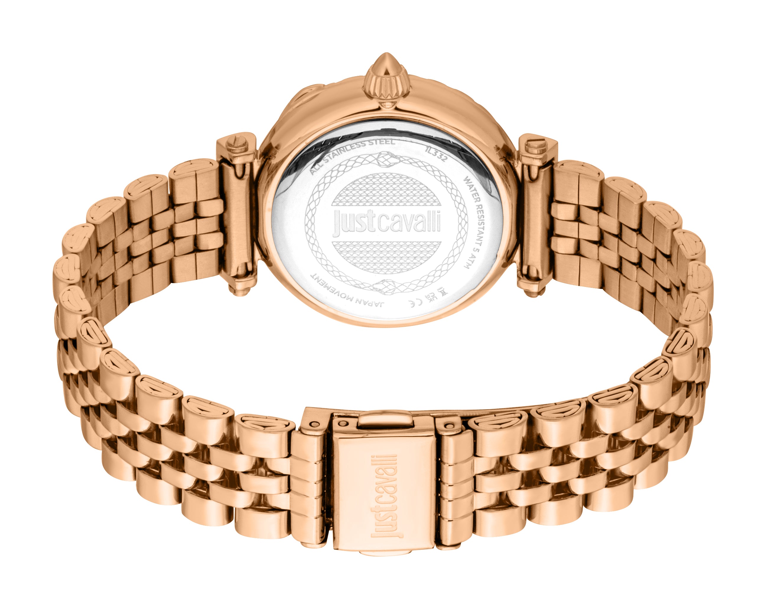 Rose-gold-toned women's watch with a link bracelet band, silver-toned case back, and 'Justcavalli' engraved clasp.