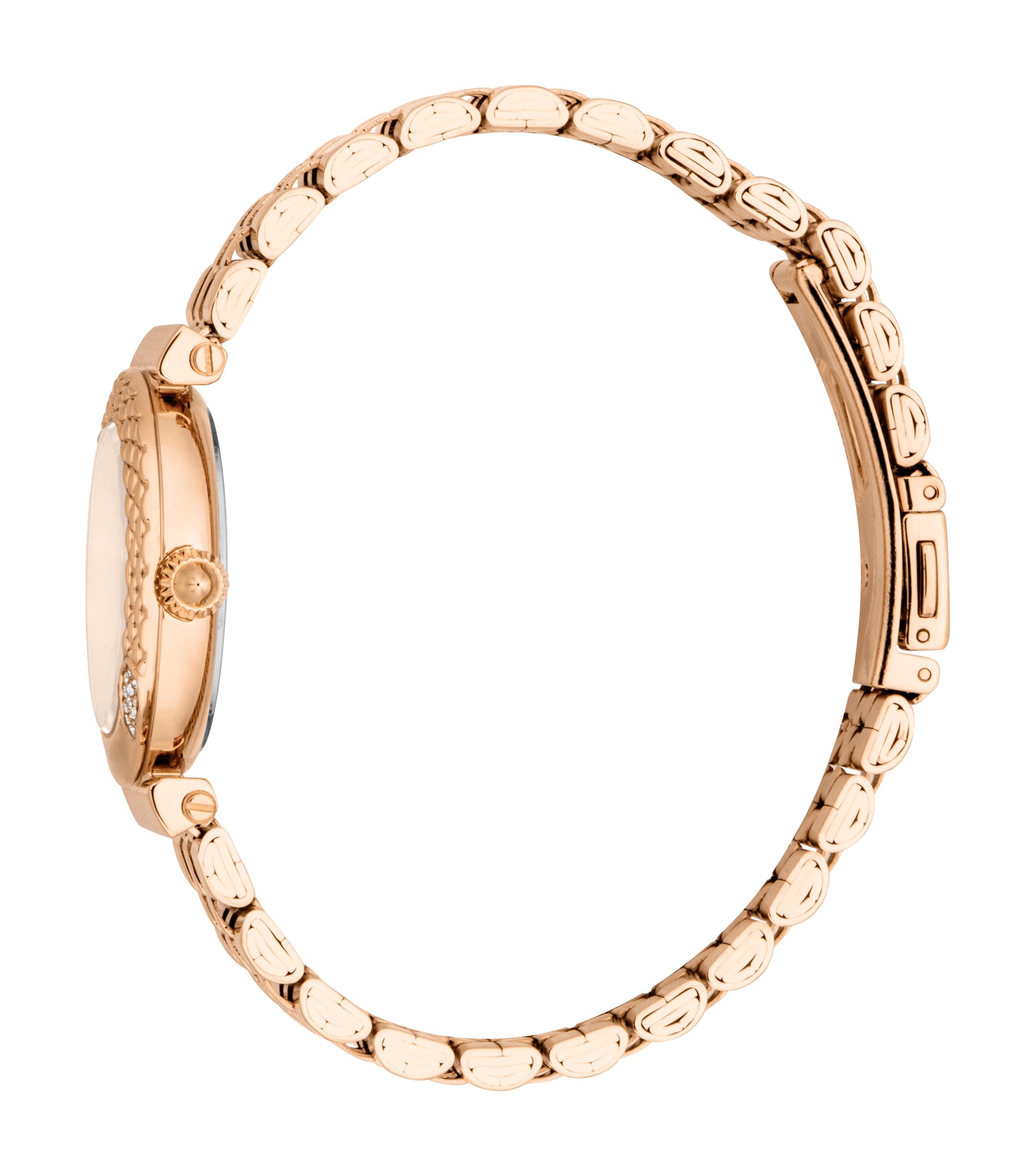 Rose-gold-toned watch with a textured bezel, side crystals, and a rose-gold-toned metal link bracelet with a clasp.
