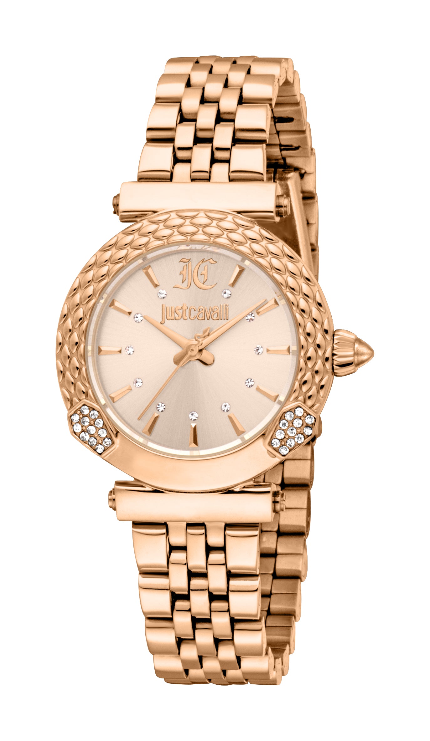 Rose gold-toned Just Cavalli women's watch with a textured bezel, rose gold-toned dial, and clear stone embellishments.