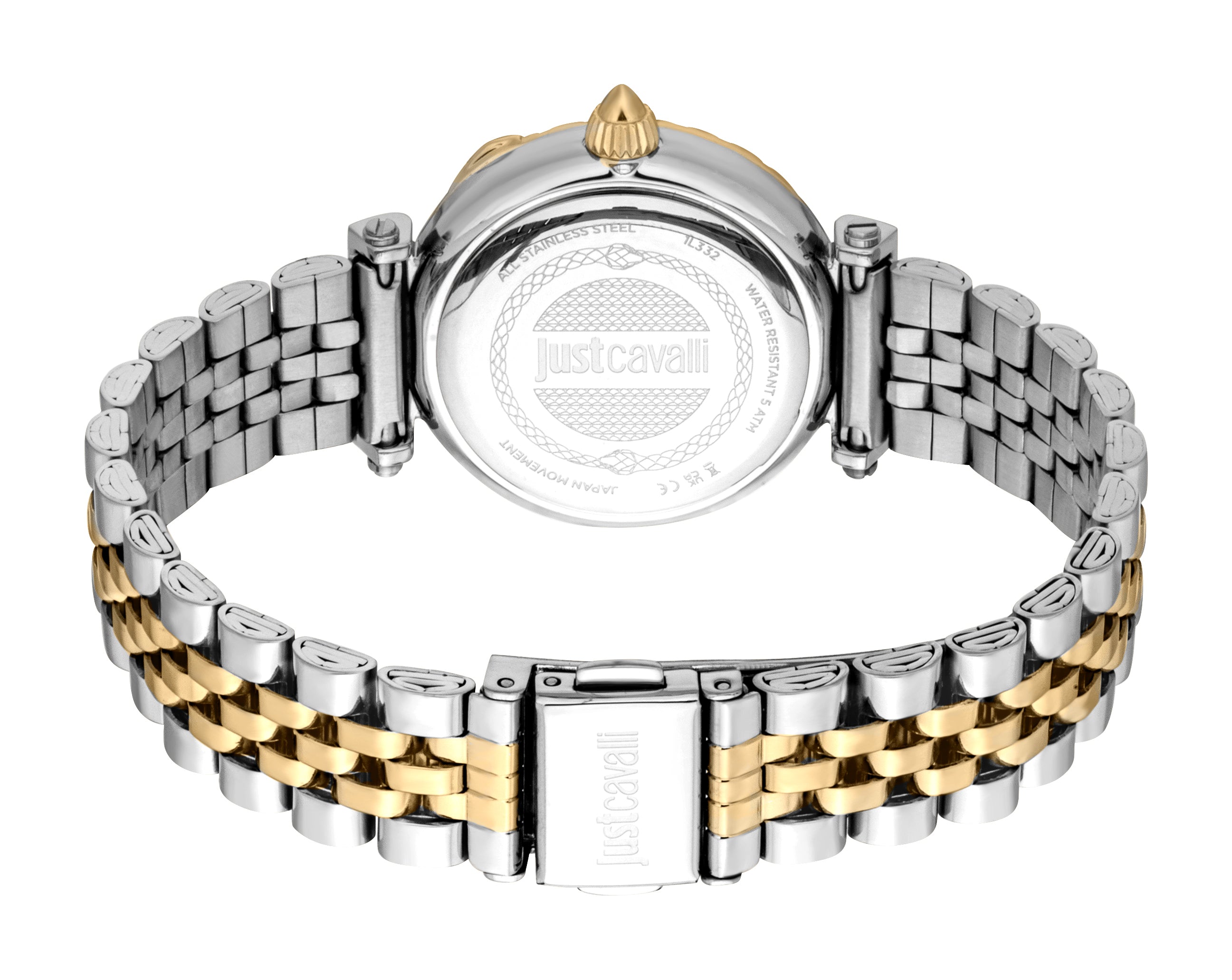 Two-tone watch with silver-toned case back, gold-toned crown, and a silver-toned and gold-toned link bracelet with an engrave