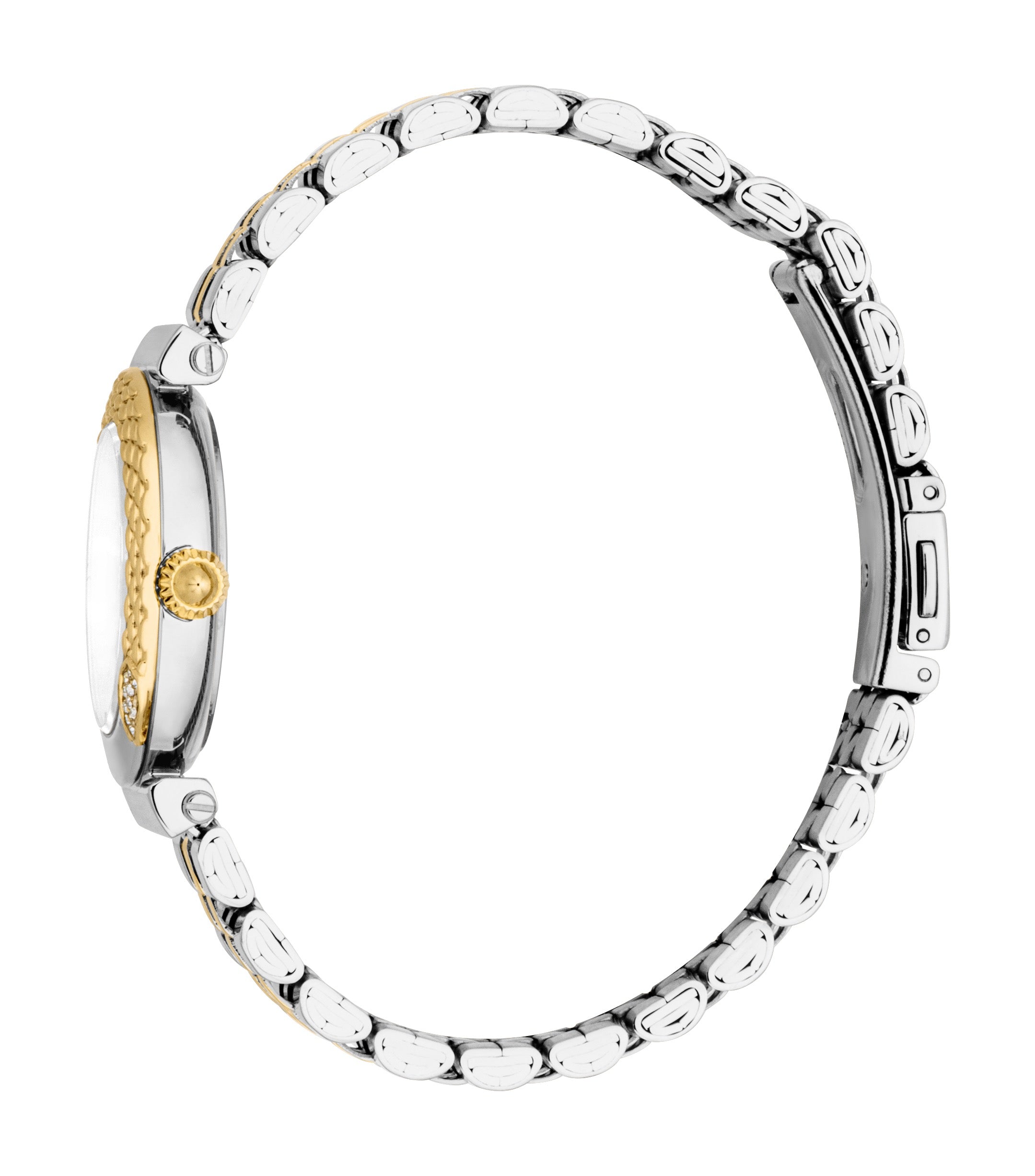 Two-tone watch with silver-toned case, gold-toned textured bezel/crown. Silver dial with clear stones. Two-tone oval link bra