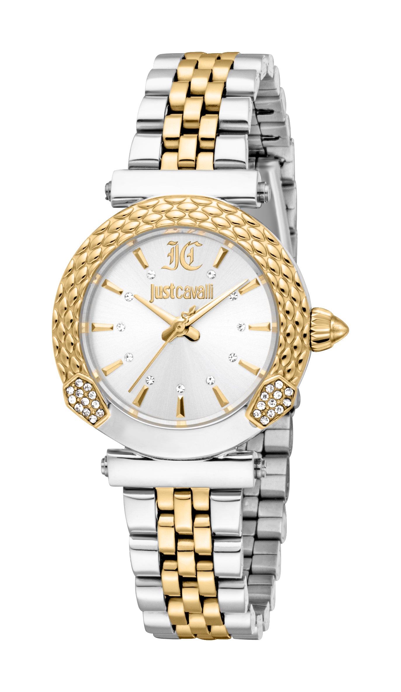 Just Cavalli women's two-tone watch with a silver dial, gold-toned textured bezel, and silver and gold-toned link bracelet.
