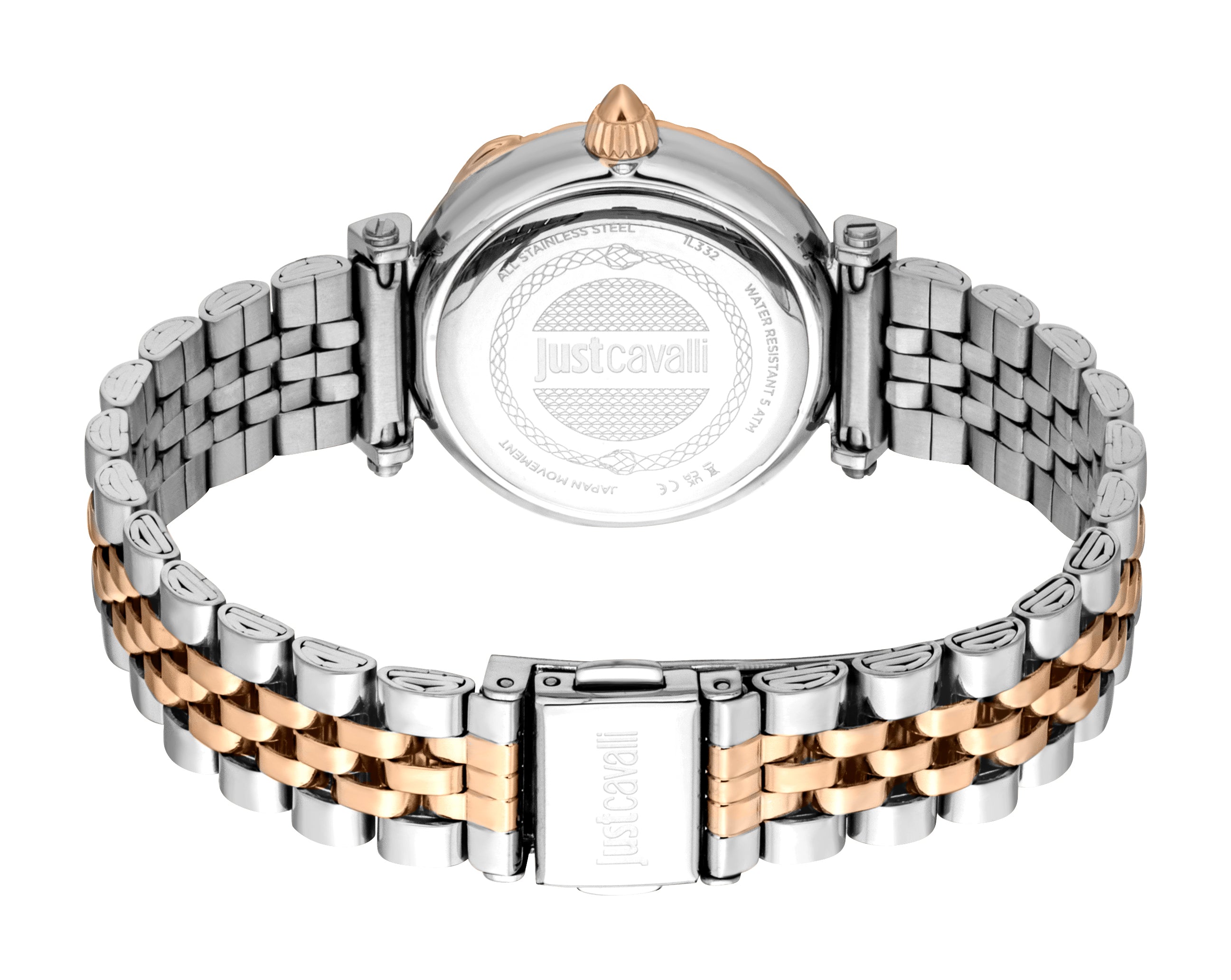 Two-tone watch with a silver-toned case back, rose-gold-toned crown, and a bracelet with silver-toned and rose-gold-toned lin
