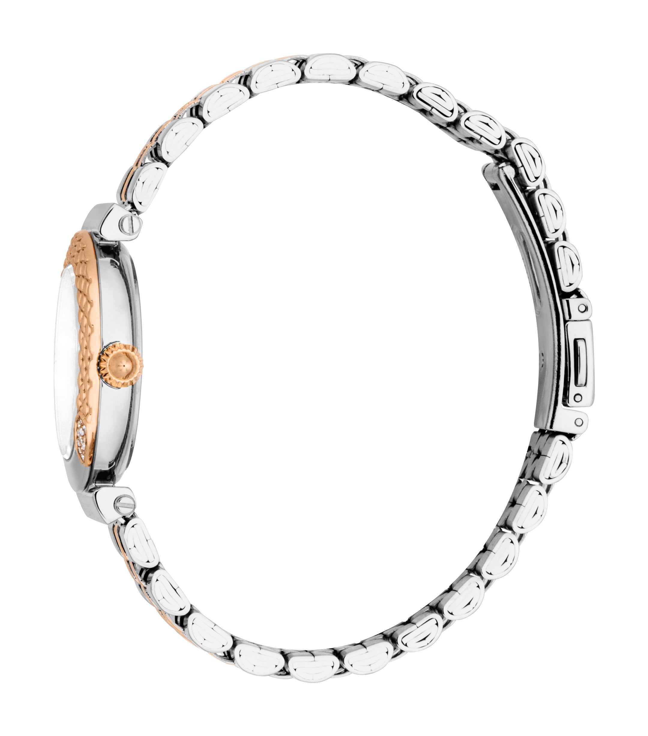 Two-tone watch with silver-toned case, rose-gold-toned bezel with clear stones, and silver-toned dial. Silver-toned link brac