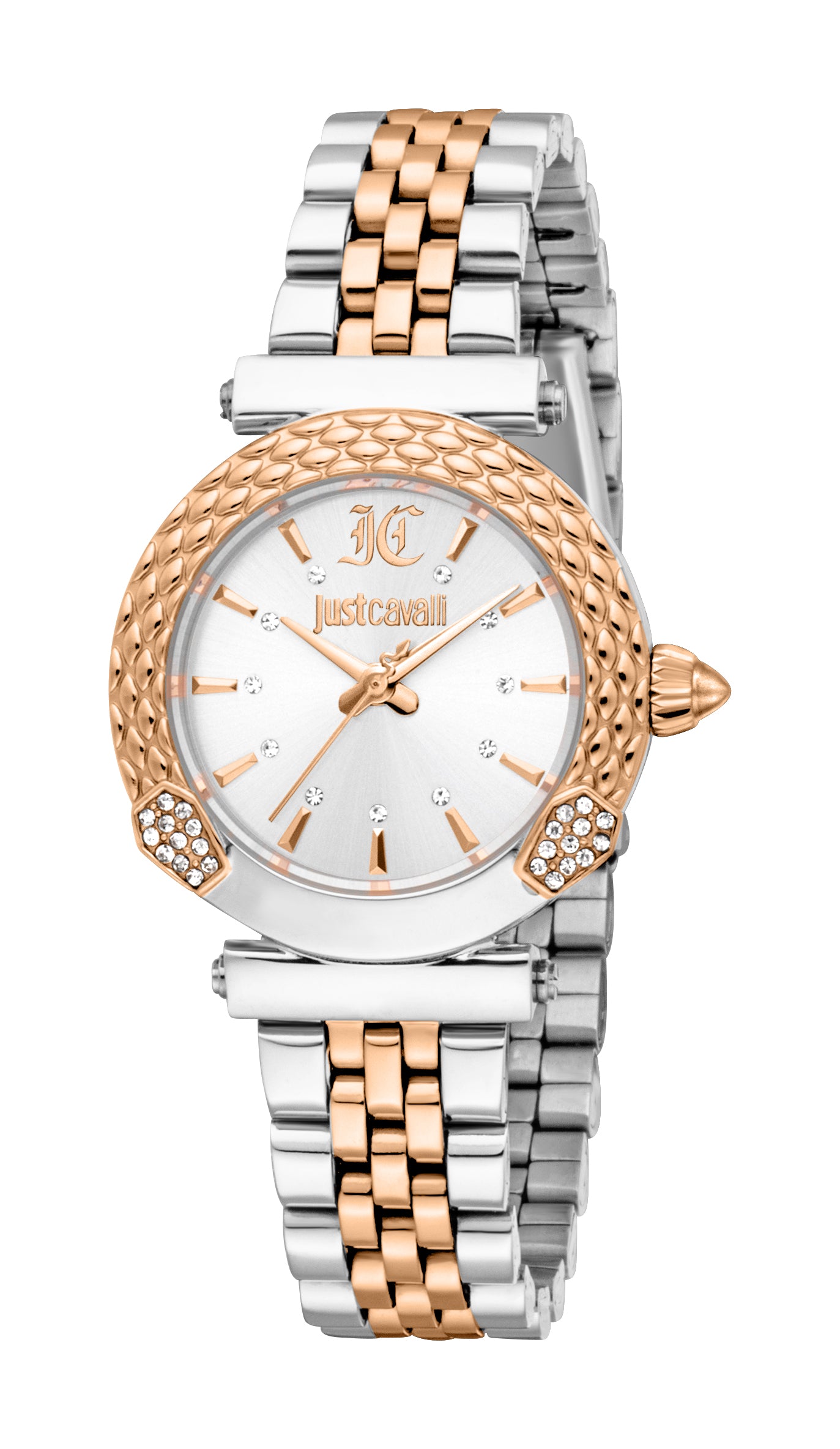 Just Cavalli women's two-tone silver and rose gold-toned watch with a textured rose gold-toned bezel and silver dial.