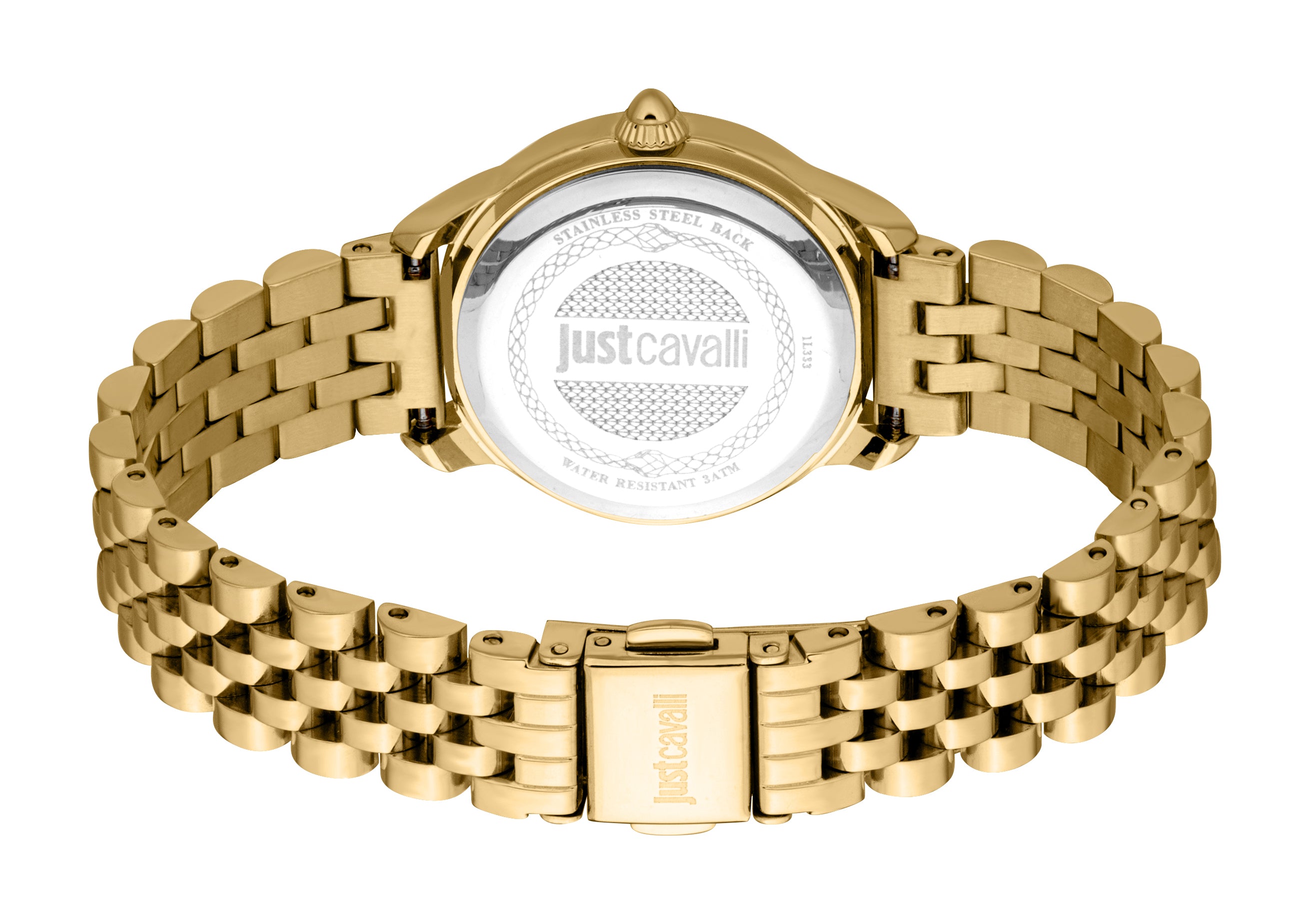 Back view of a gold-toned metal watch with a link bracelet and deployant clasp. The case back is silver-toned with "Justcaval