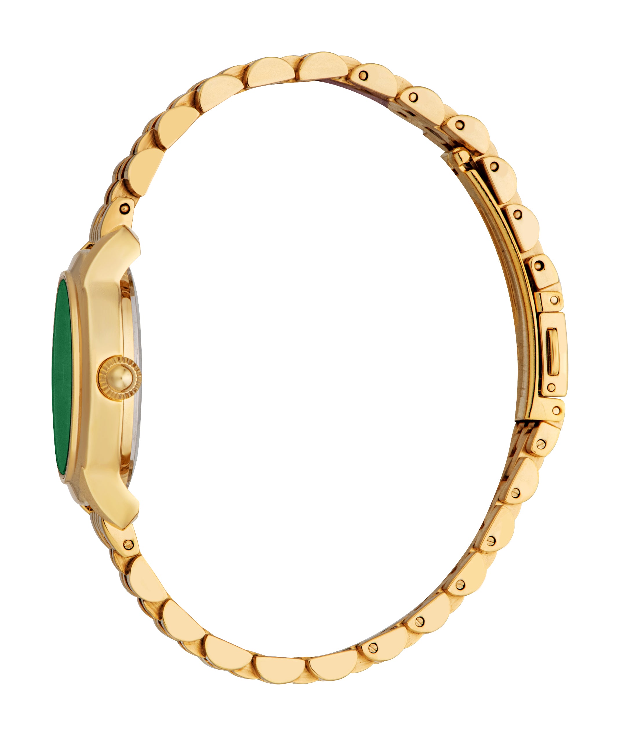 Gold-toned watch with a dark green dial, gold-toned case, and a gold-toned metal link bracelet with a deployment clasp.