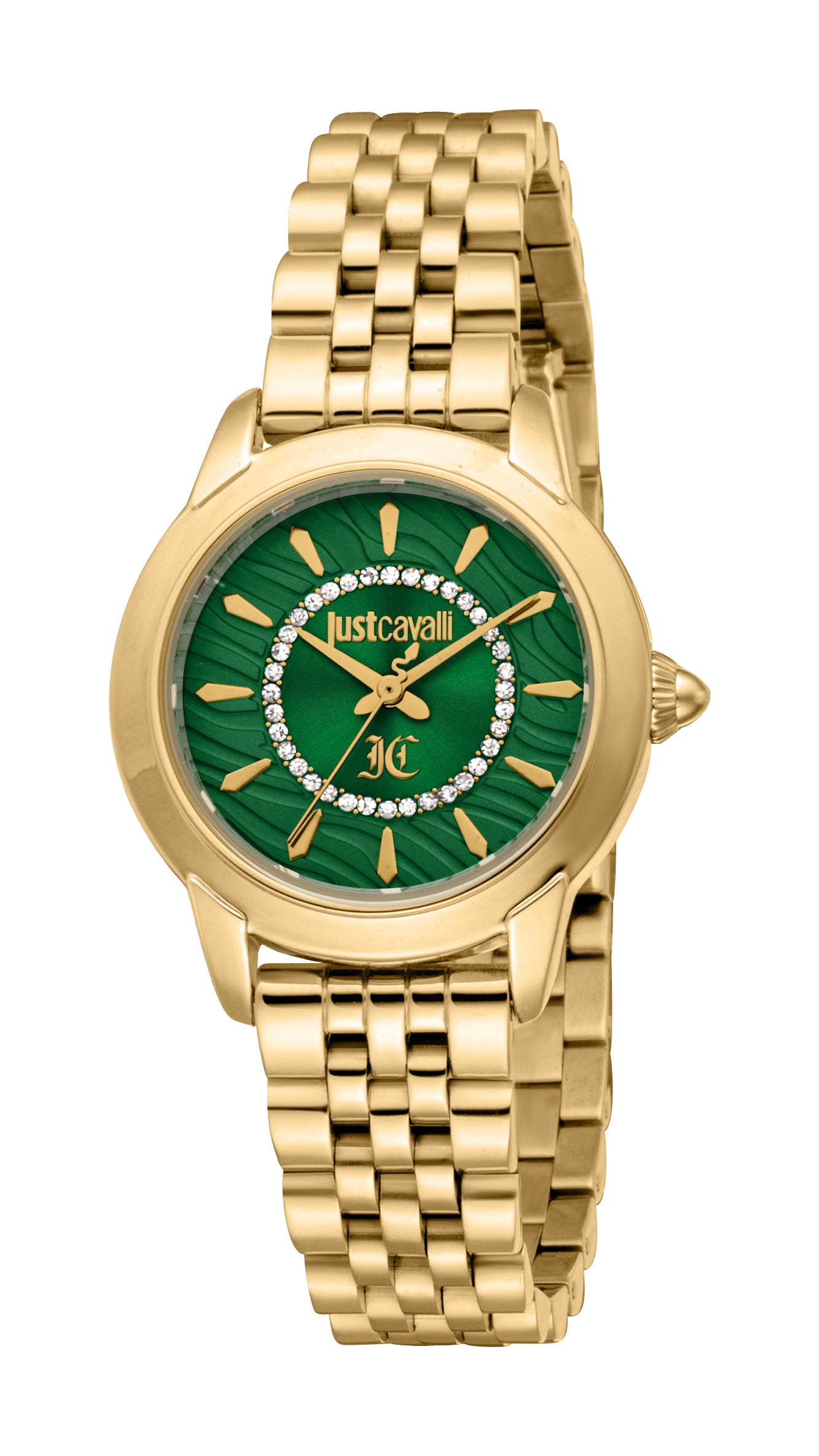 Women's watch with a gold-toned metal case and multi-link bracelet, featuring a dark green textured dial with gold-toned mark