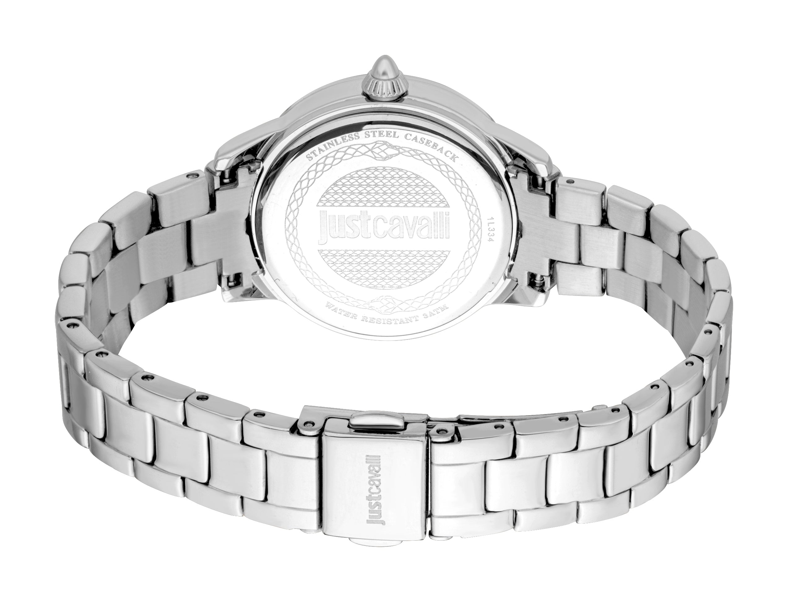 Silver-toned stainless steel watch with a link bracelet. The caseback and clasp are engraved with 'justcavalli'.