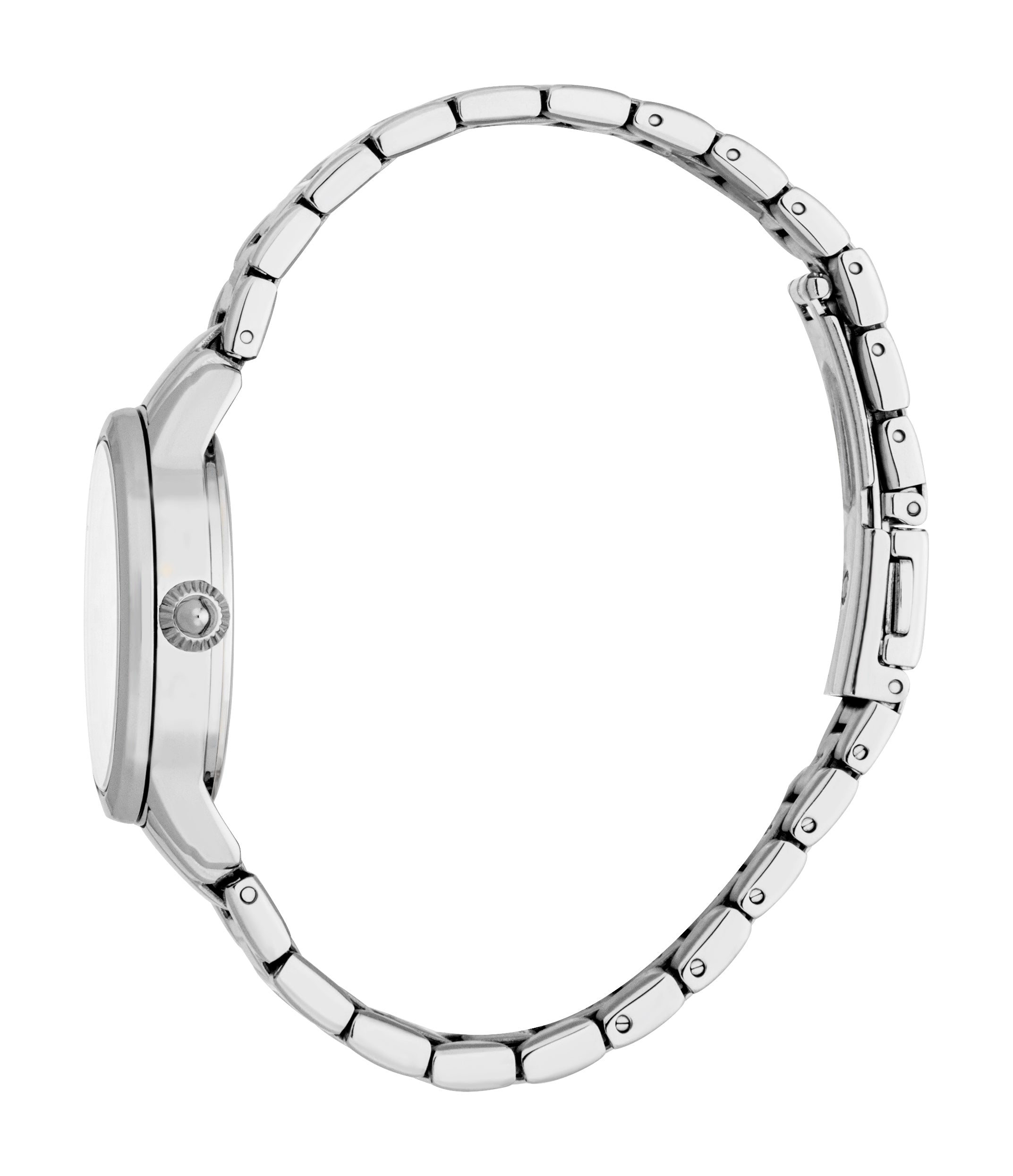 Silver-toned stainless steel watch with a round case, silver-toned dial, ridged crown, and a link bracelet band with a clasp.