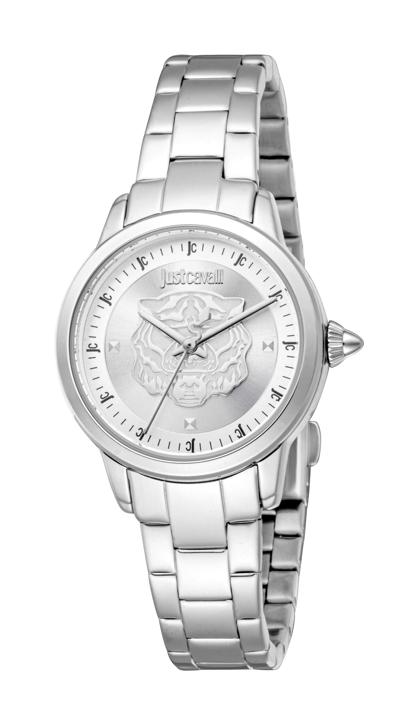 Silver-toned Just Cavalli women's watch with round case, silver dial, embossed tiger motif, and stainless steel link bracelet