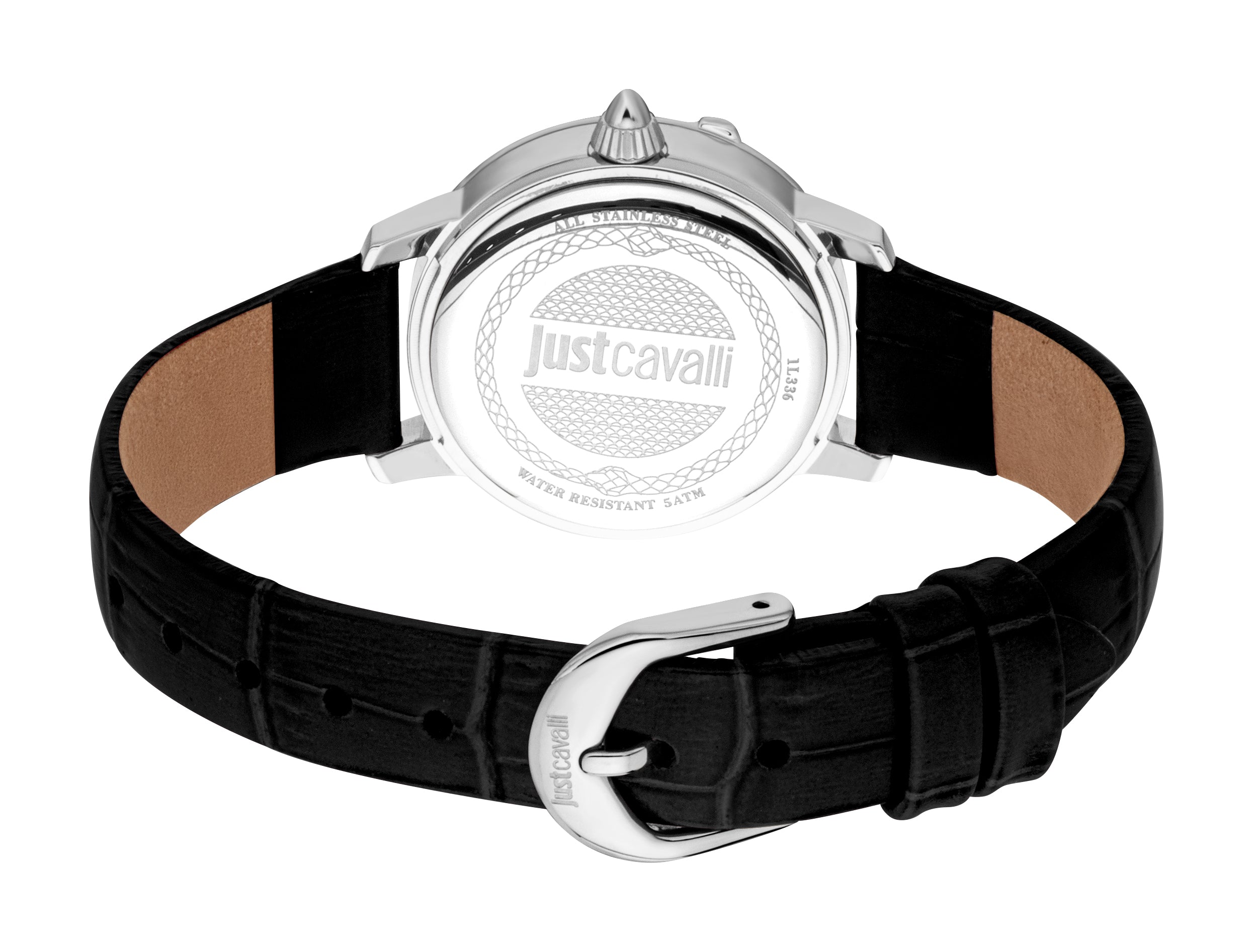 Back view of a silver-toned watch with a black crocodile-embossed leather strap and a silver-toned buckle with 'Justcavalli'