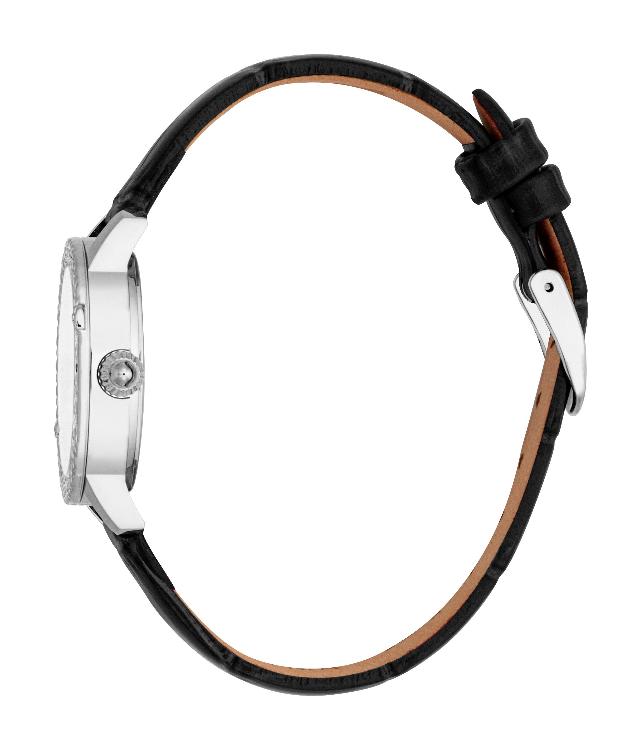 Silver-toned watch with crystal-set bezel, black textured leather strap with brown underside, and silver-toned buckle.