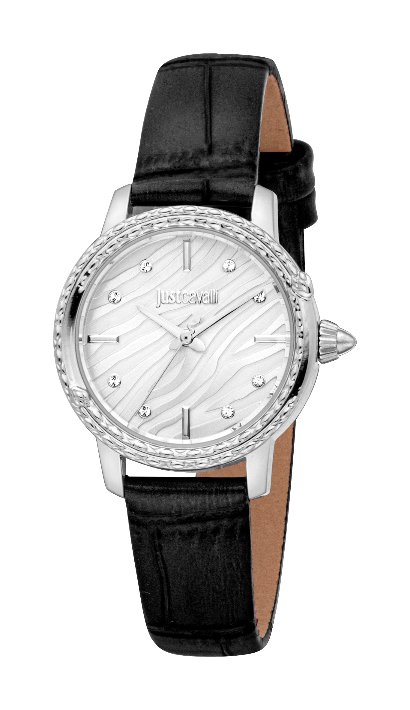 Just Cavalli women's watch with a silver-toned case, silver wavy dial, crystal markers, and a black crocodile-embossed leathe