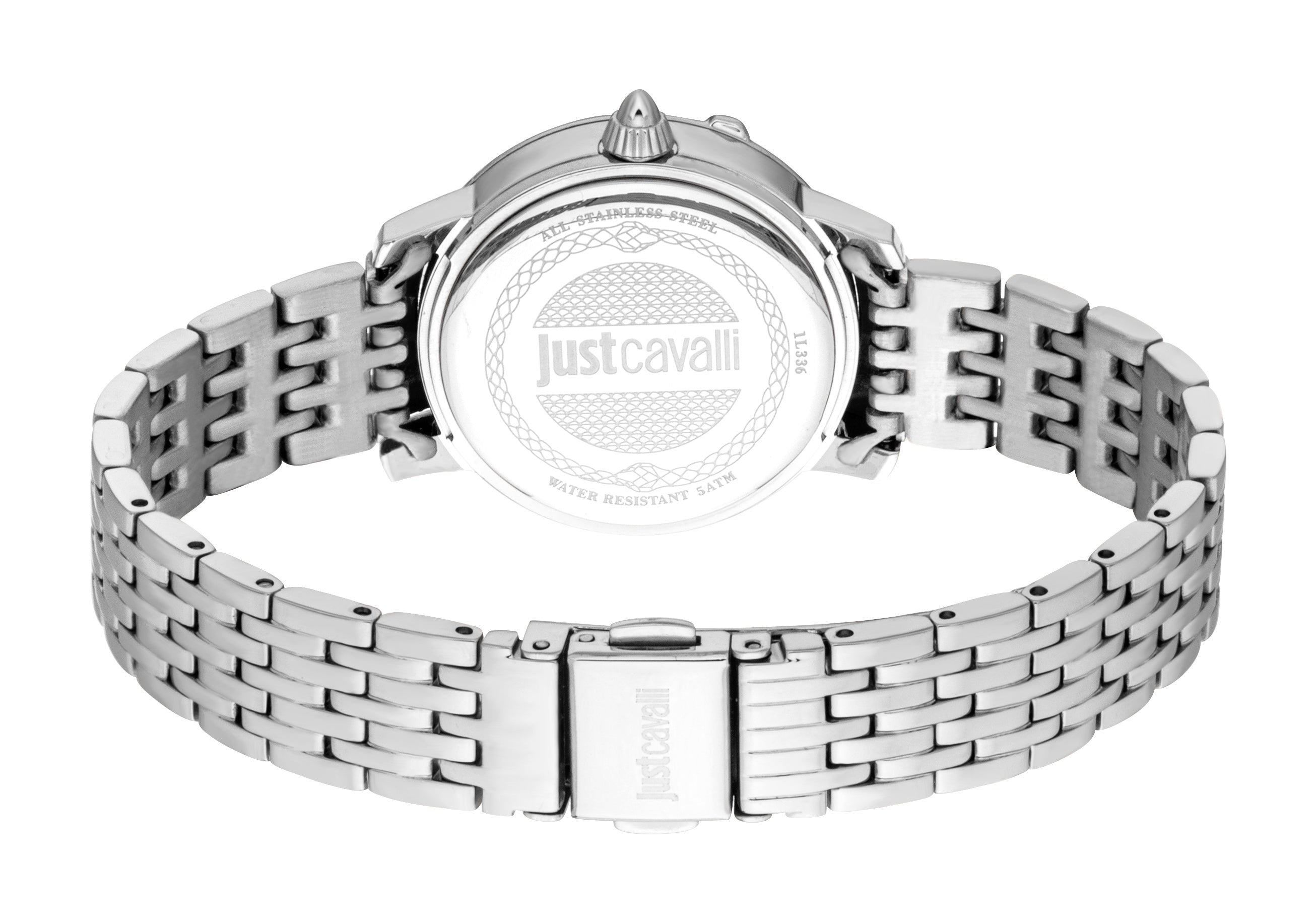 Silver-toned watch, back view. Link bracelet with fold-over clasp engraved 'Justcavalli'. Case back features 'Justcavalli' an