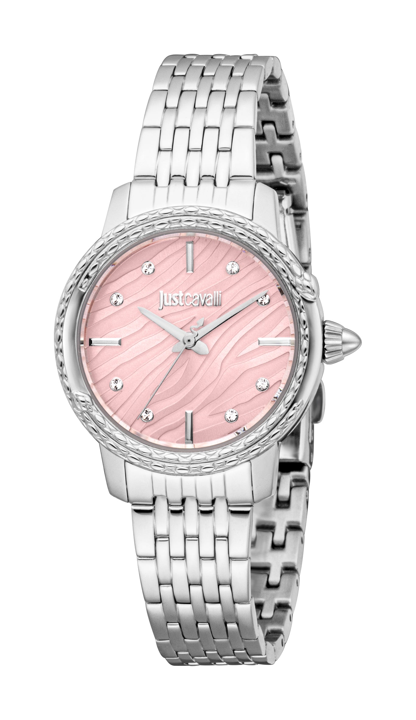 Just Cavalli women's watch with a silver-toned link bracelet, round case, and a pink dial with a wavy texture.