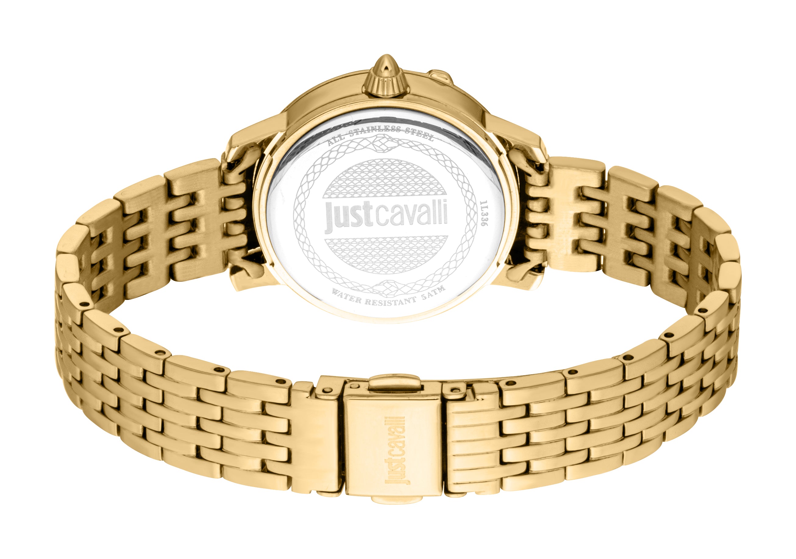 Gold-toned watch, back view. Metal link bracelet with engraved clasp. Silver-toned case back features 'Justcavalli' logo and