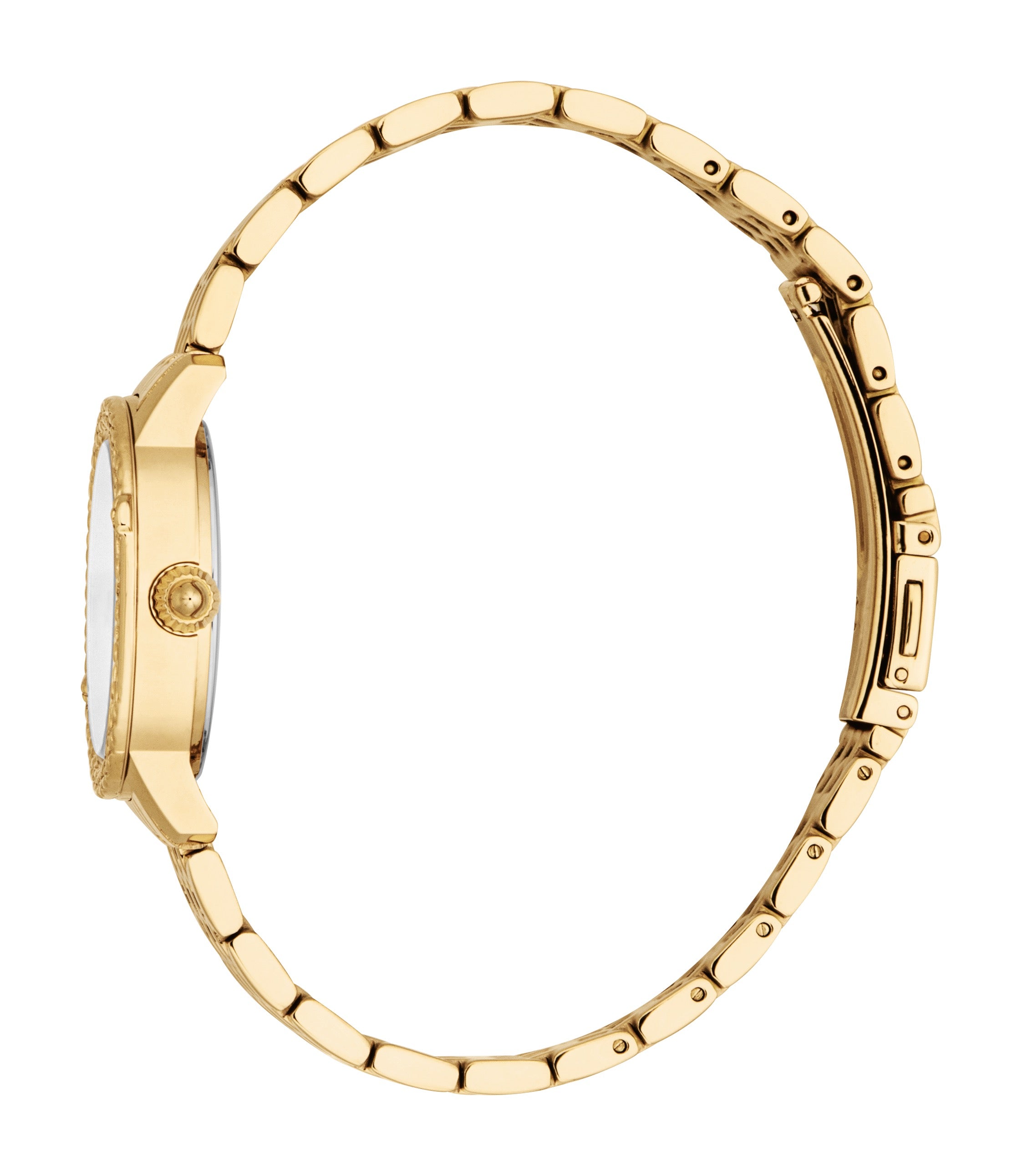 Gold-toned metal watch with a round case, textured bezel, and a gold-toned link bracelet with a clasp.