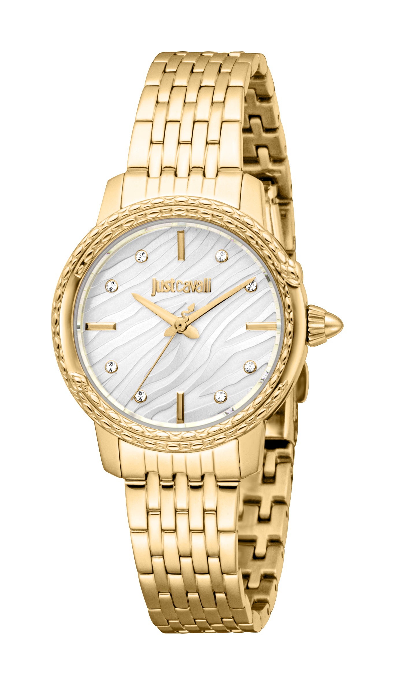 Just Cavalli women's watch with a gold-toned round case, gold-toned multi-link metal bracelet, and a silver dial with a wavy