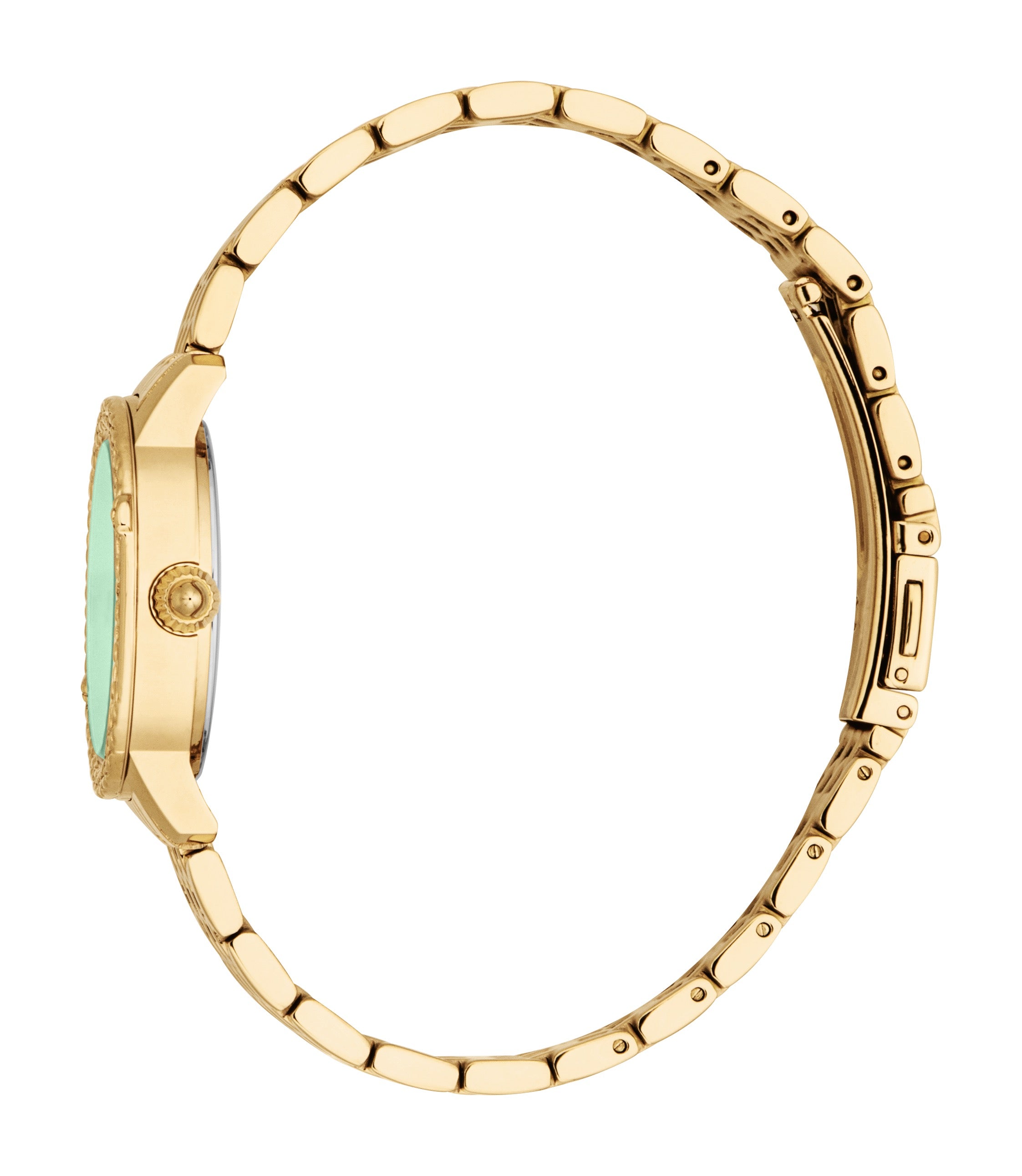 Gold-toned watch with a round case, textured bezel, visible green dial, crown, and a gold-toned link bracelet with a clasp.