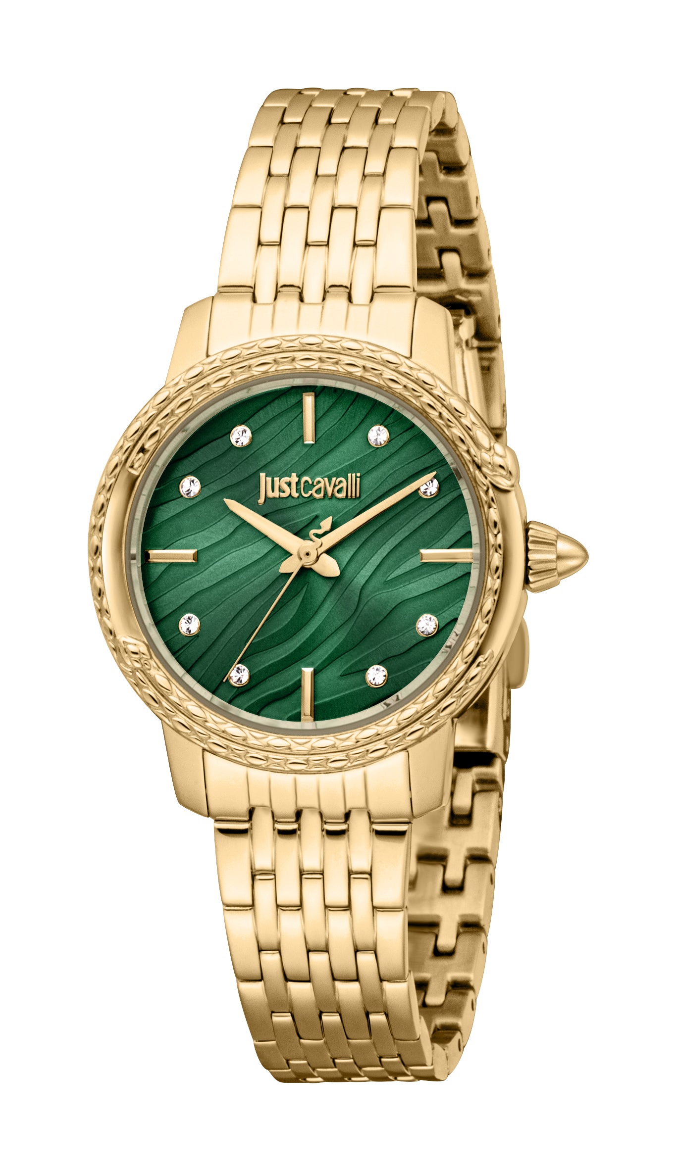 Just Cavalli women's watch with a gold-toned case and multi-link bracelet, featuring a green textured dial with crystal marke