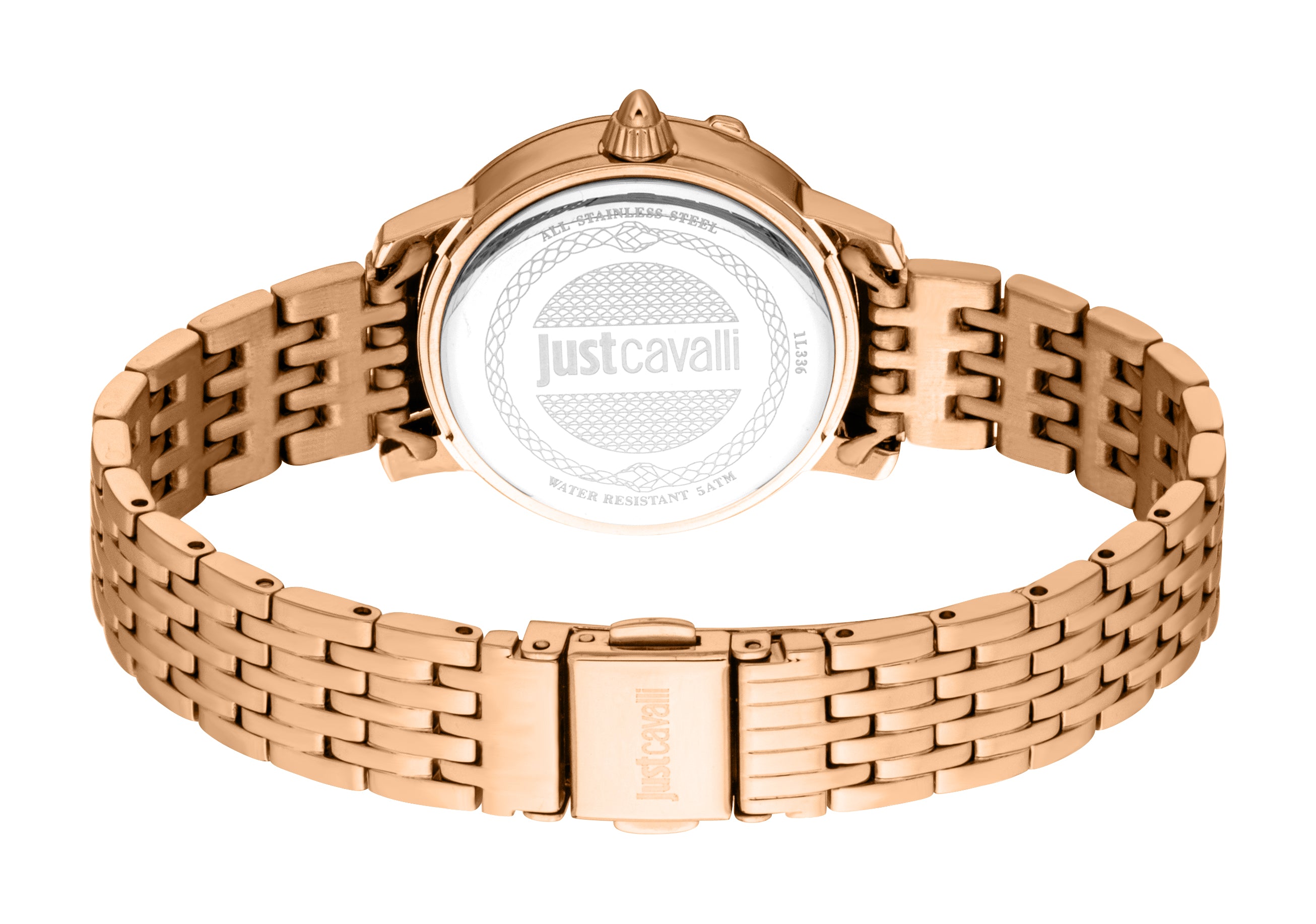 Rose gold-toned watch, back view. Features a metal link bracelet with a logo-engraved clasp and a silver-toned case back with