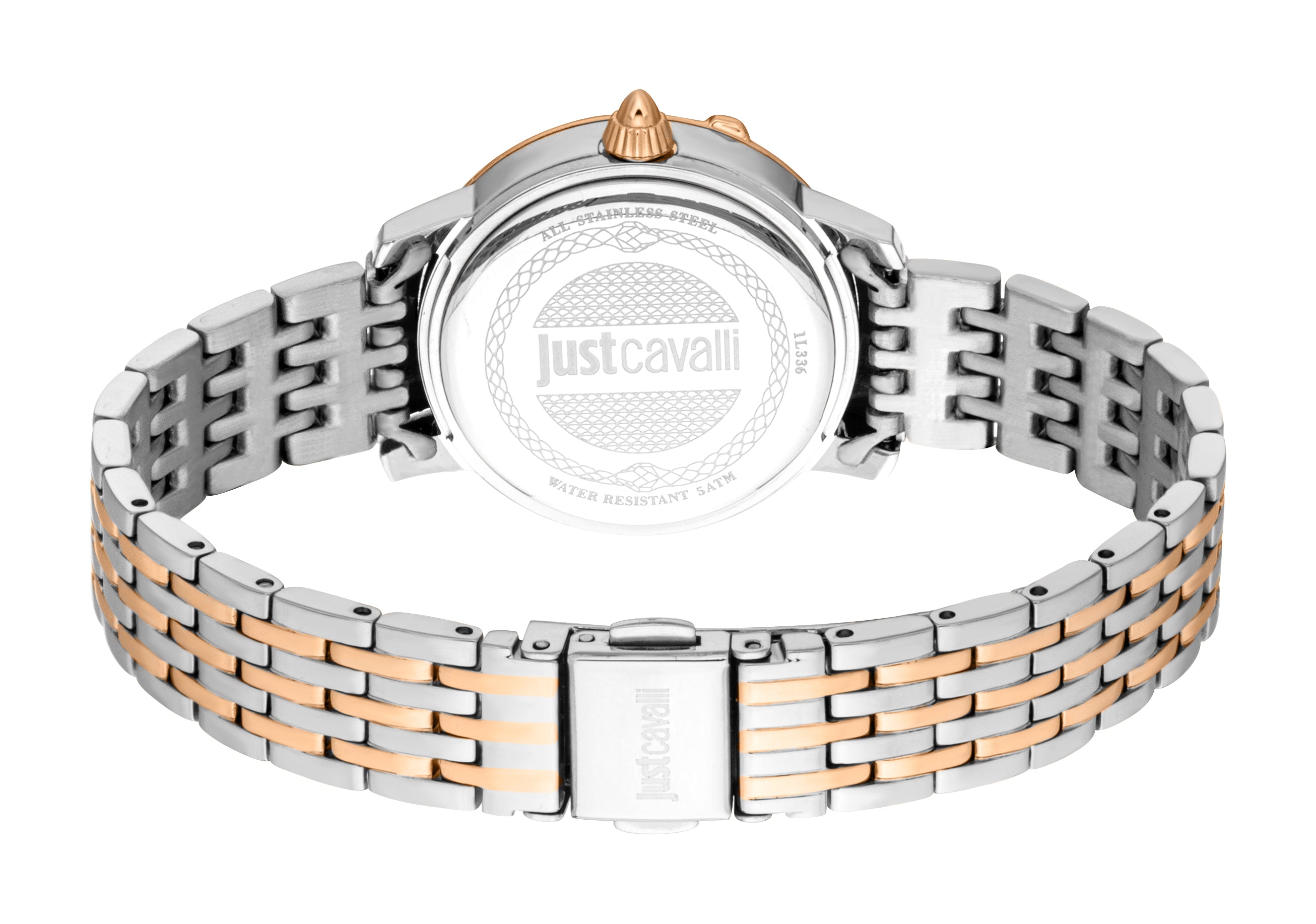 Two-tone watch with a silver-toned case back, rose-gold-toned crown, and a link bracelet alternating silver-toned and rose-go