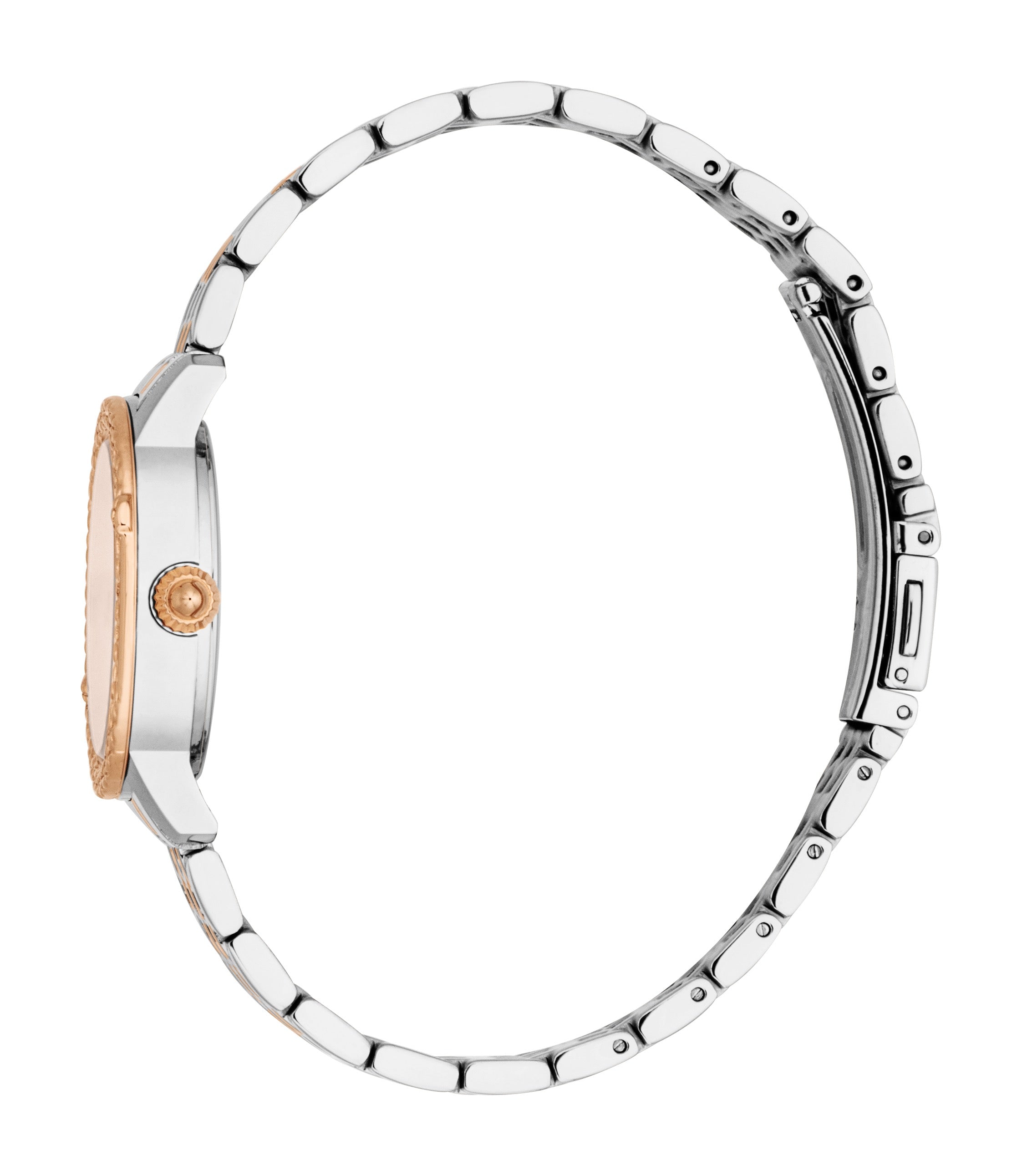 Two-tone silver-toned and rose-gold-toned watch with a textured bezel and link bracelet.