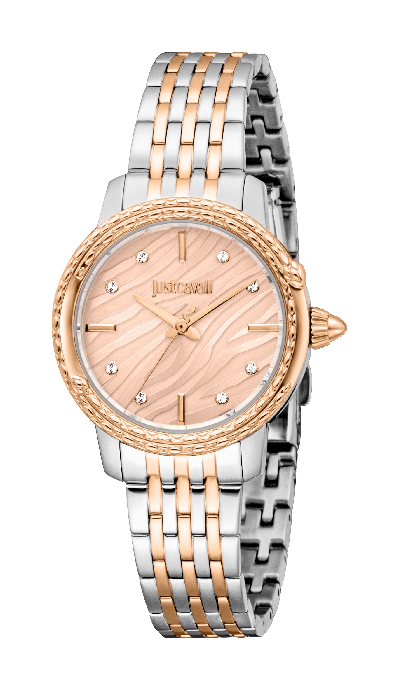 Women's round watch: silver-toned case, rose gold-toned textured bezel, patterned dial, crystal markers, two-tone link bracel