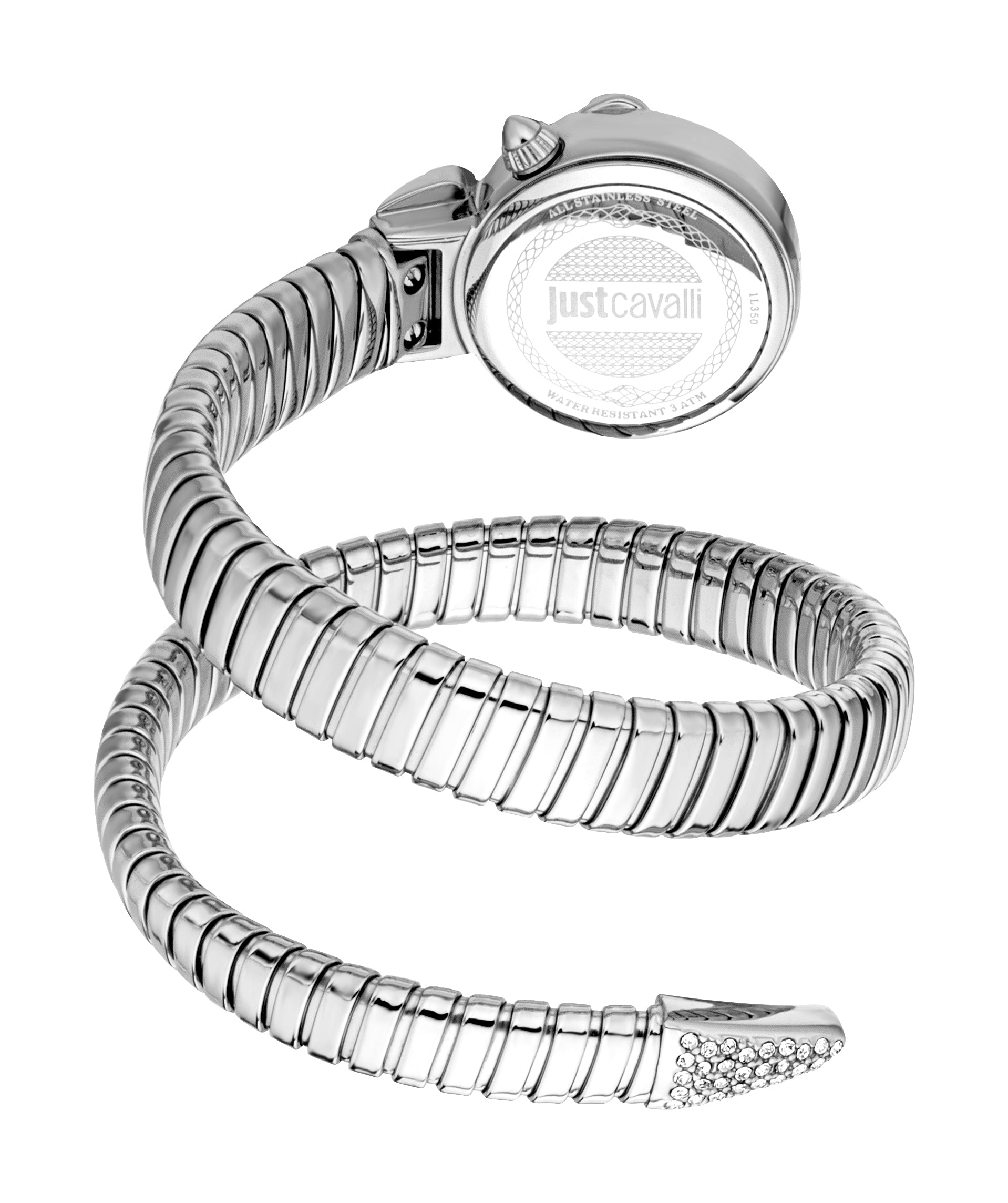 Silver-toned stainless steel watch with a coiled, segmented bracelet. The watch case is round, and one end of the bracelet fe