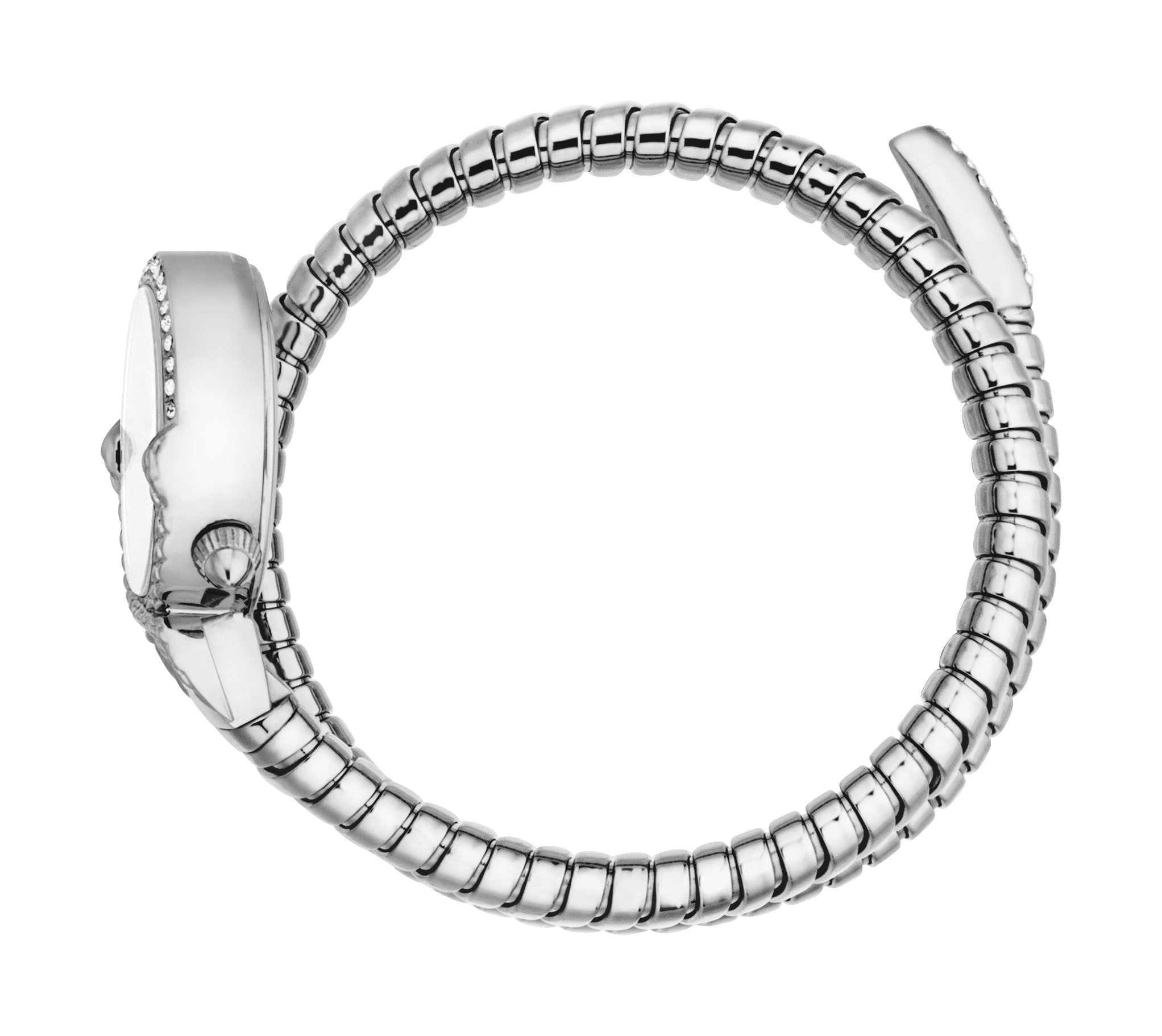 Silver-toned stainless steel coiled bracelet watch with a round case, crystal-encrusted bezel, silver dial, and a crystal-emb