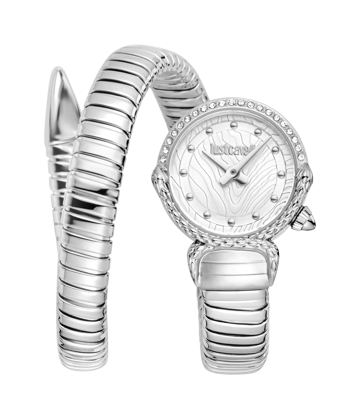 Silver-toned Just Cavalli women's coiled watch with a round case, embellished bezel, and textured silver dial.