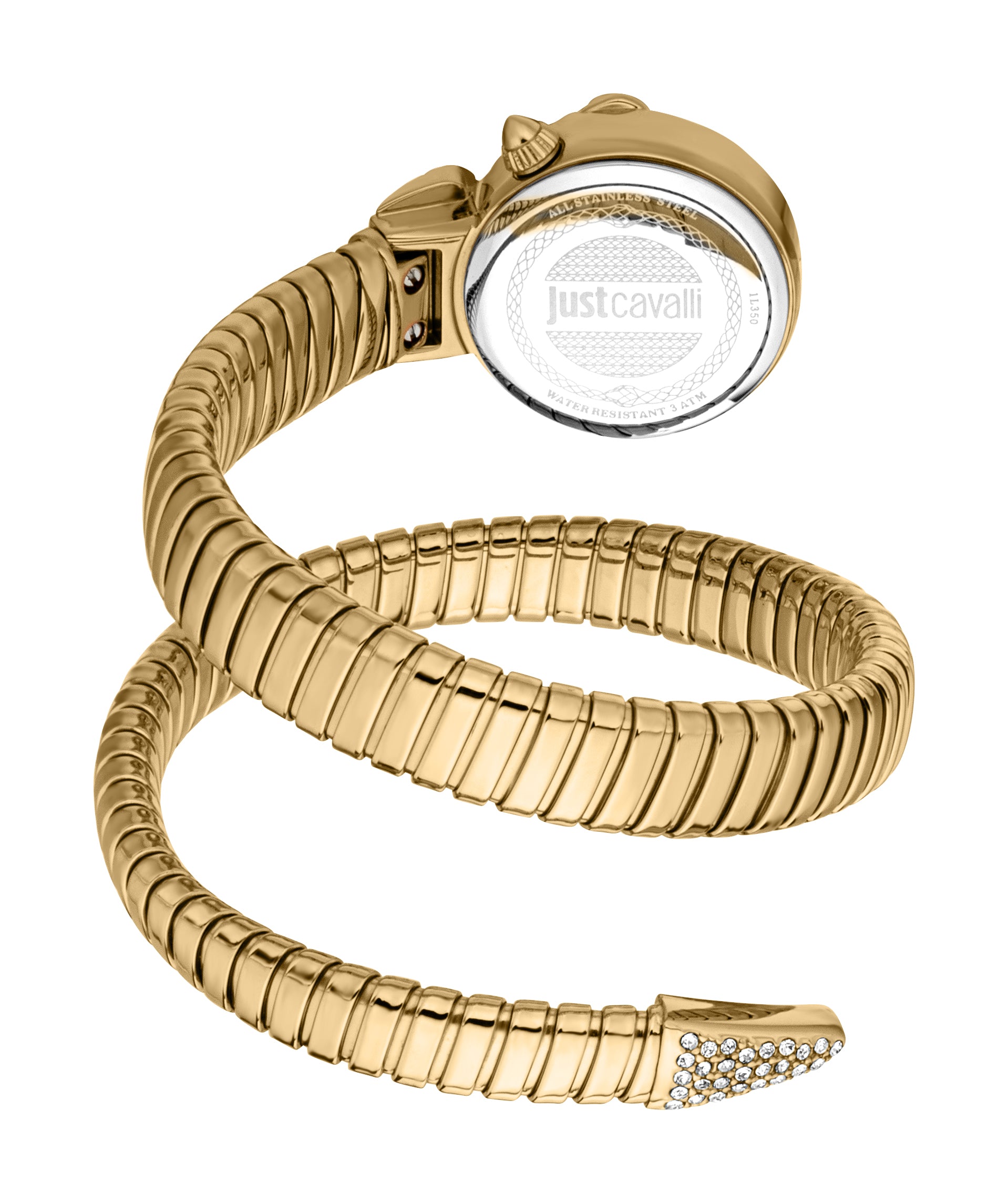 Gold-toned coiled snake-style watch. The round case back shows 'Justcavalli' text, and one end of the segmented band has clea