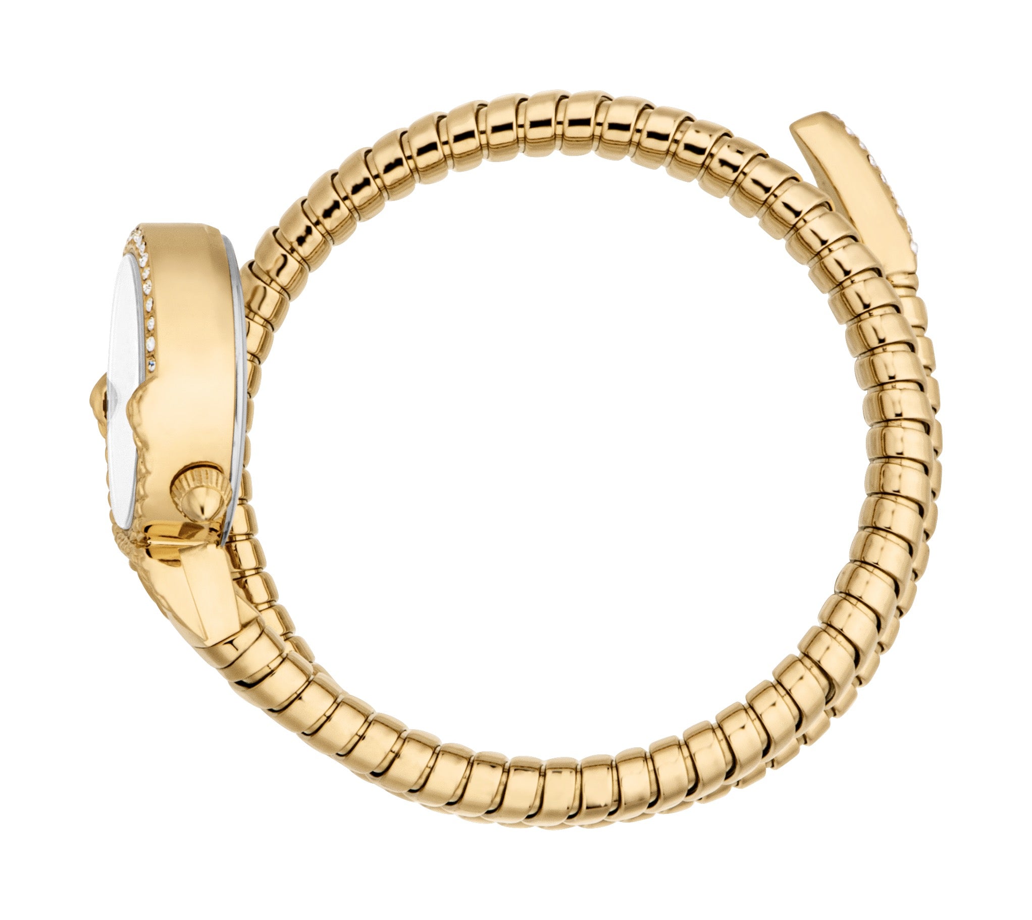 Gold-toned coiled snake-style watch with a round white dial, crystal-encrusted bezel, and crystal-accented band tip.