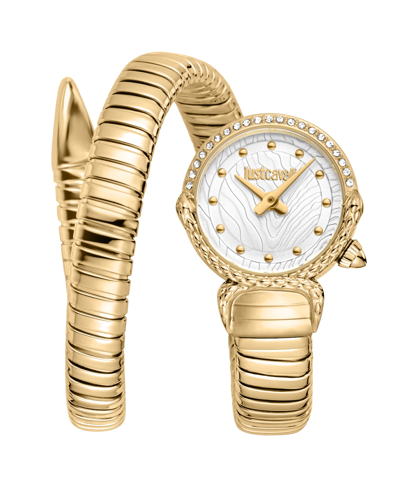 Gold-toned coiled snake bracelet watch with round case, clear crystal-embellished bezel, and silver-toned patterned dial.
