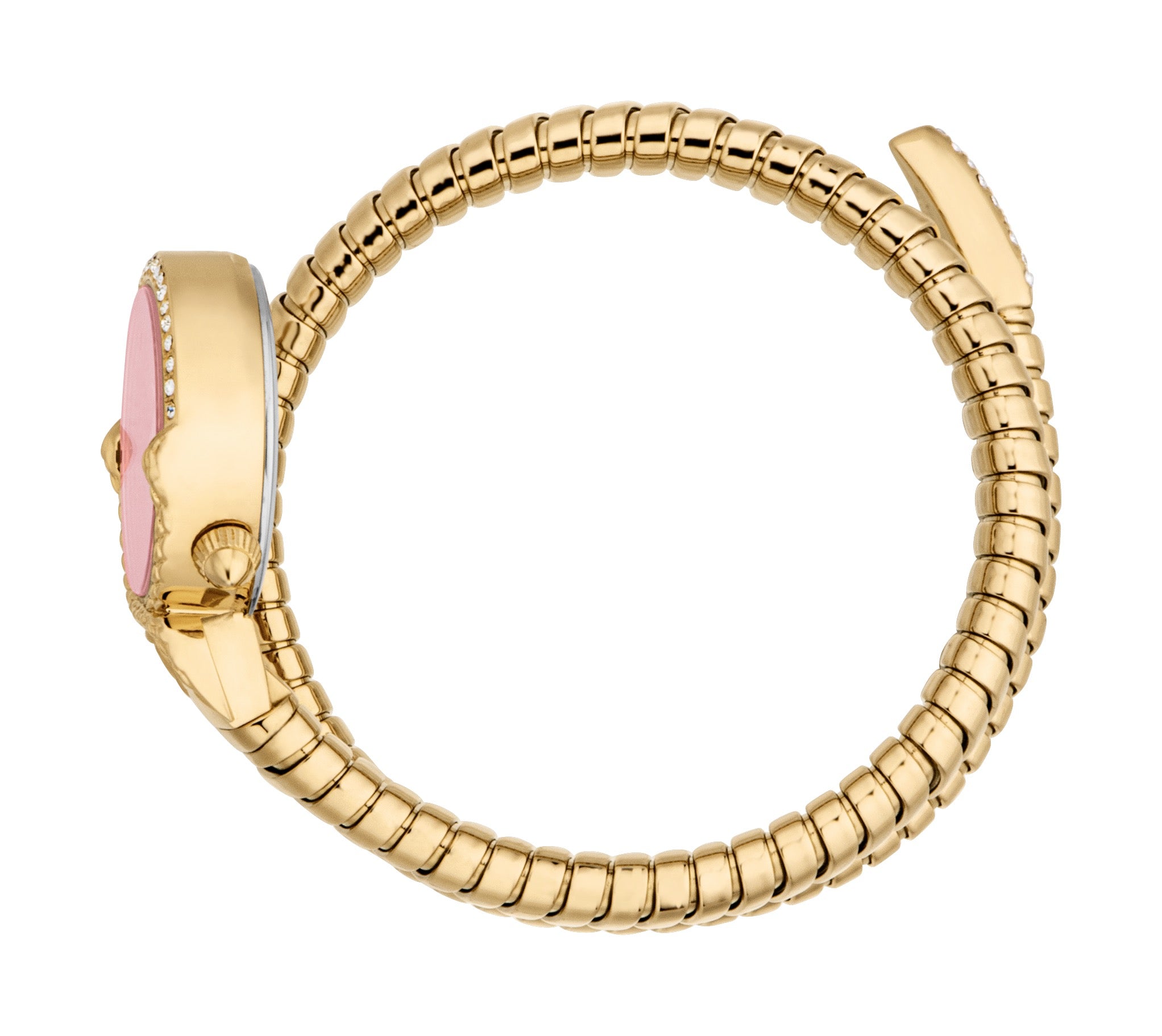 Gold-toned watch with a pink dial, crystal-studded bezel, and a flexible, coiled gold-toned metal bracelet with a crystal-stu