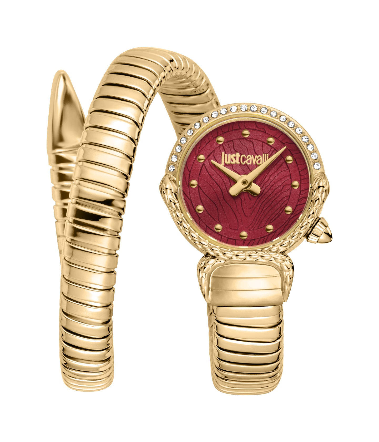 Gold-toned coiled snake bracelet watch with a round case, red textured dial, and clear stone-embellished bezel.