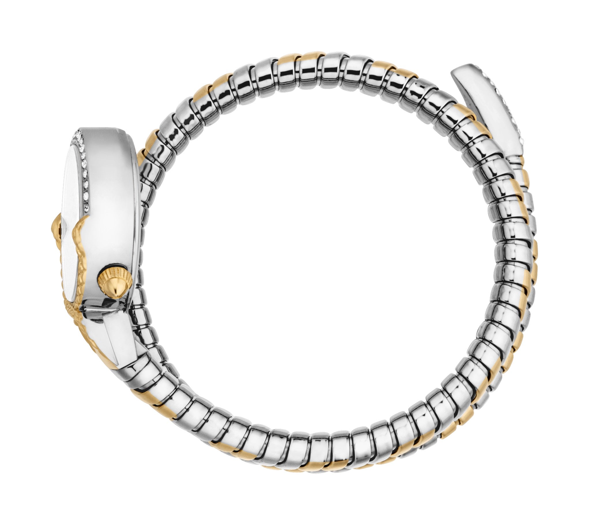 Silver-toned watch with crystal-set bezel and gold-toned crown. The two-tone silver and gold-toned coiled bracelet forms a sn